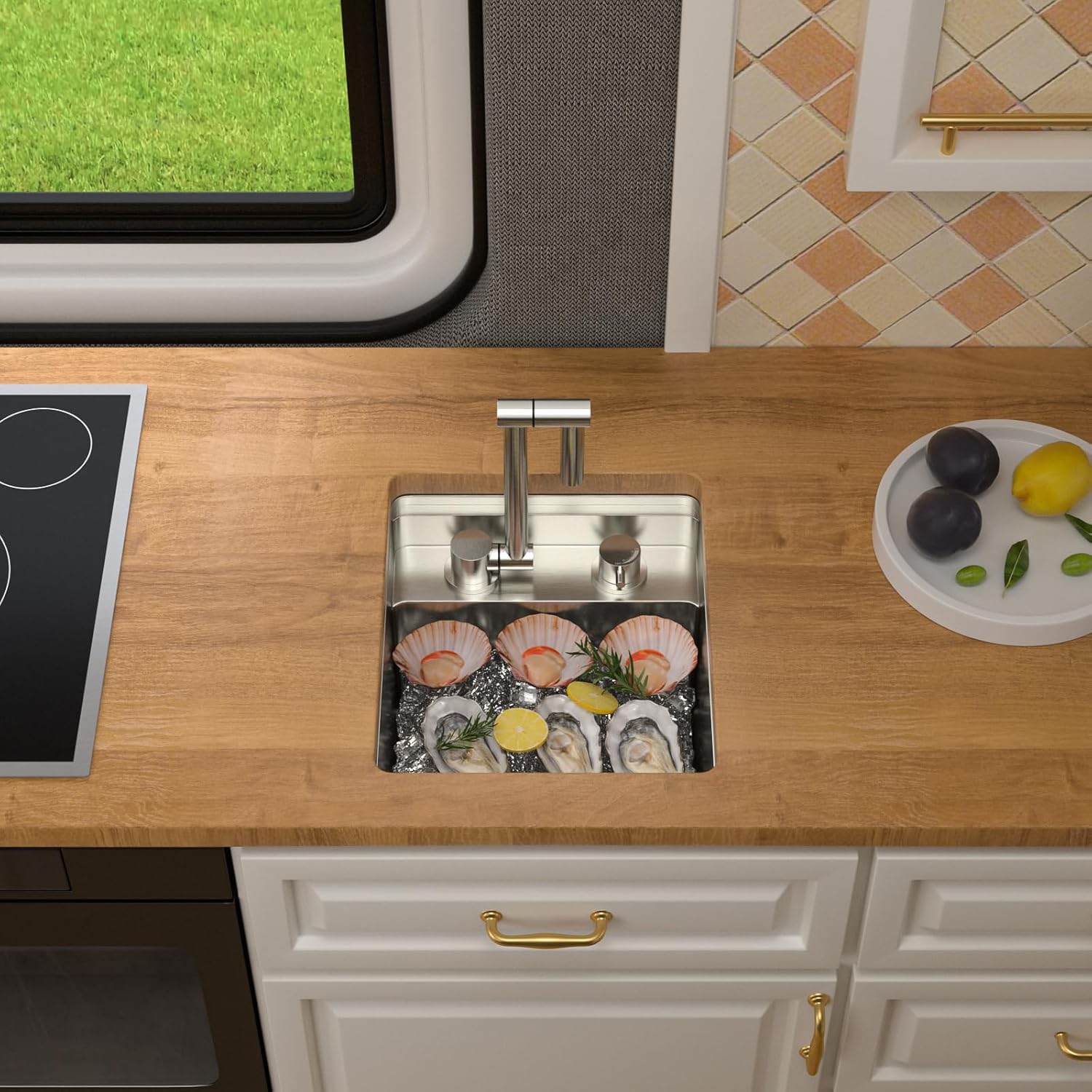 Dcolora 13 In. RV Undermount Sink with Foldable Faucet, Stainless Steel Single Bowl Prep Sink Workstation for Camper, Outdoor Kitchen, Bar, Island, 13"x15"x9" #DC-SFDOE00048