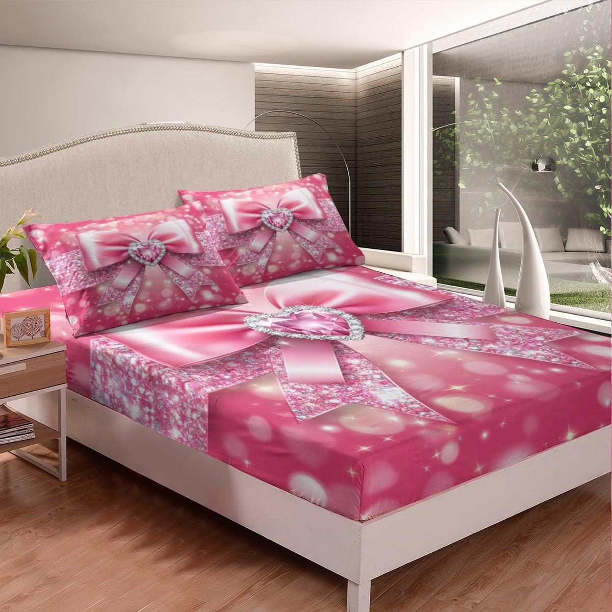 Pink Bowknot Full Size Fitted Sheet,Dreamy Bow Tie Princess Style 3 Pieces Kids Teenager Room Decor Love Heart Pink Sliver Diamond Starry Sequins Glitter Pocket 2 Pillowcases