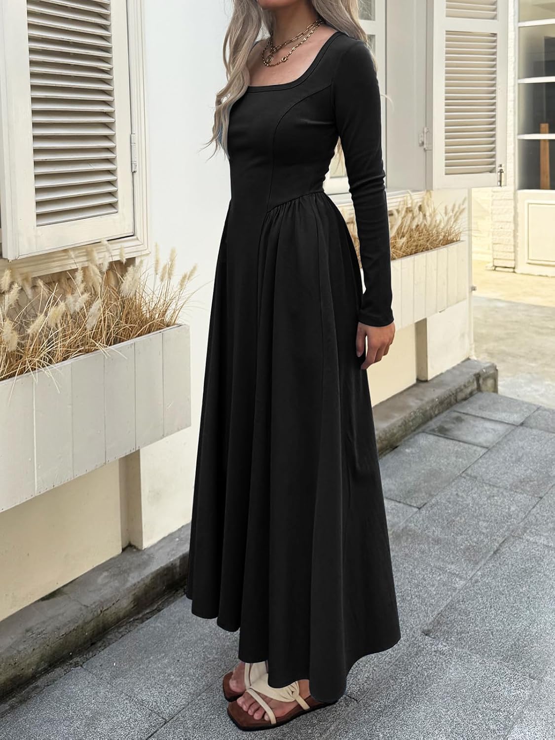 2026 Spring Maxi Dress for Women Square Neck Long Sleeve Patchwork Ribbed Knit Dress Flowy A Line Dress with Pockets - Image 4