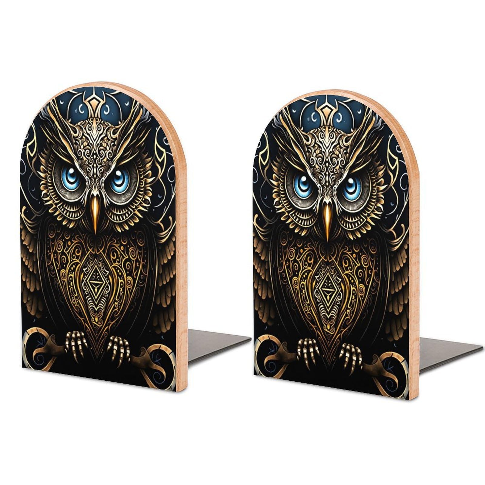 Mystical Metal Carved Owl Solid Beech Wood Bookends, Decorative Book Ends for Shelves, Non-Skid Desktop Book Organizer for Home Office, Library Decor (1 Pair, 4.7" X 6.7")