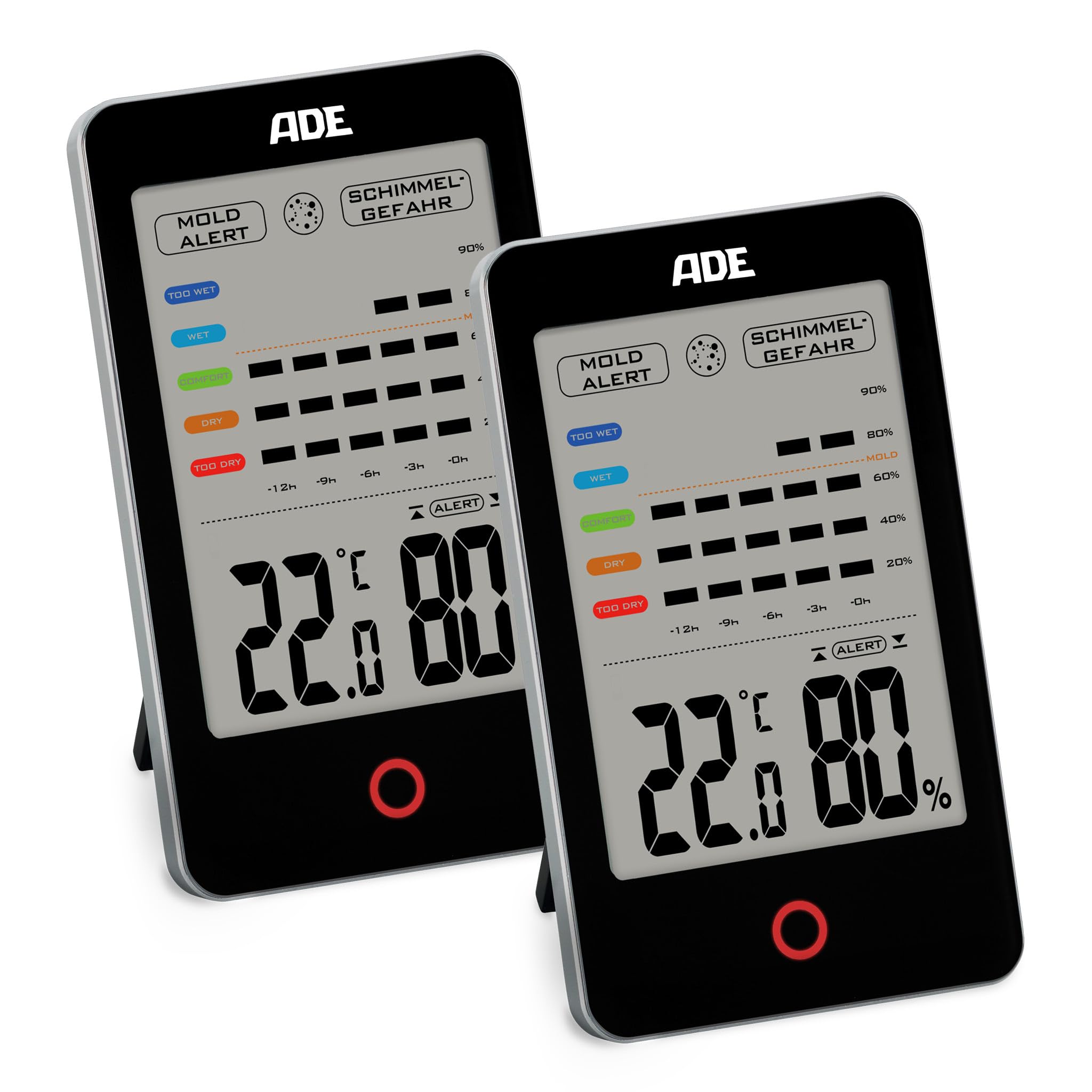 ADE Digitales Hygrometer innen mit Schimmelalarm | Feuchtigkeitsmessgerät mit Thermometer | Temperatur und Luftfeuchtigkeitsmesser | großes LCD-Display | Doppelpack | schwarz