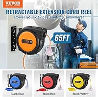Vista 2 de VEVOR Carrete de cable de extensión retráctil, 65 pies, cable de alimentación resistente 12AWG/3C SJTOW, con toma triple iluminada, interruptor
