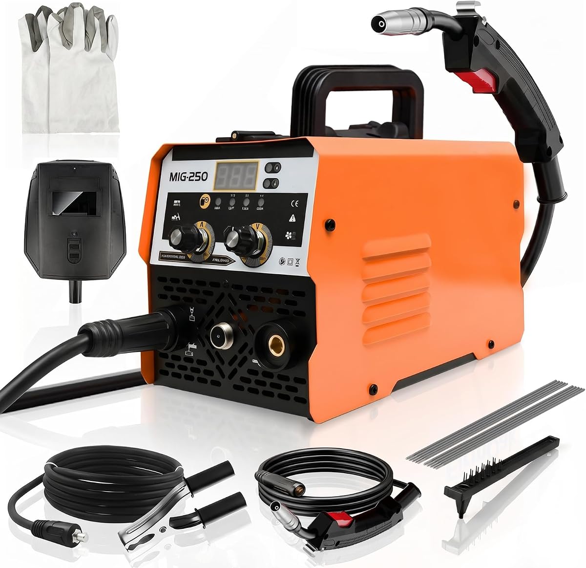 Soldador MIG Stick 145A, máquina de soldadura MIG/Lift TIG/Stick con núcleo FLUX multiproceso 3 en 1, control sinérgico IGBT portátil, pantalla LED con cascos de soldadura y guantes para reparación de metales y proyectos de bricolaje