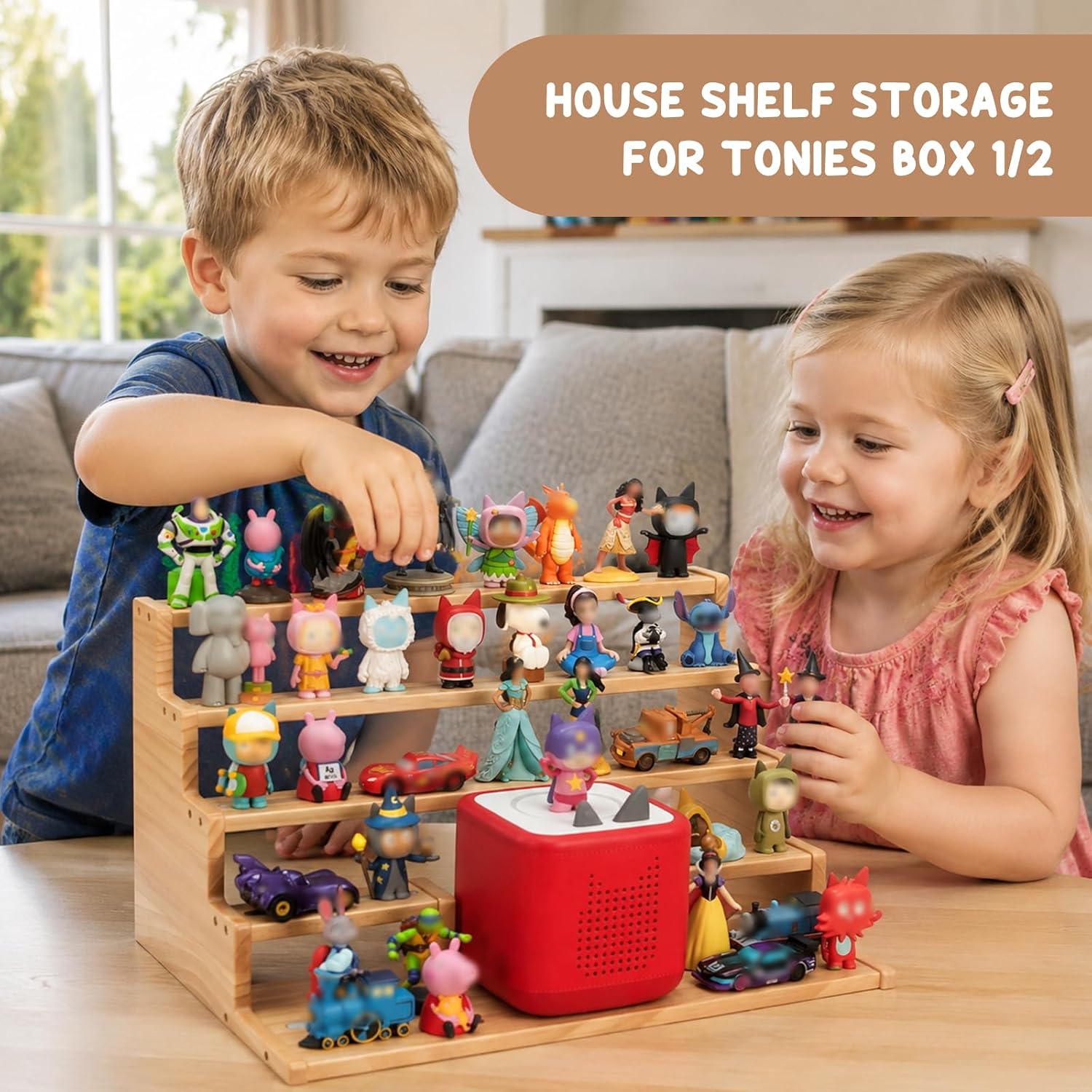 5-Tier Shelf for Tonies Box Storage Organizer, Magnetic Display for Toniebox 1/2 Tonies Figures, Wooden Storage Desktop Holder for 30-40 Tonie Characters, Kids Audio Player Display Stand
