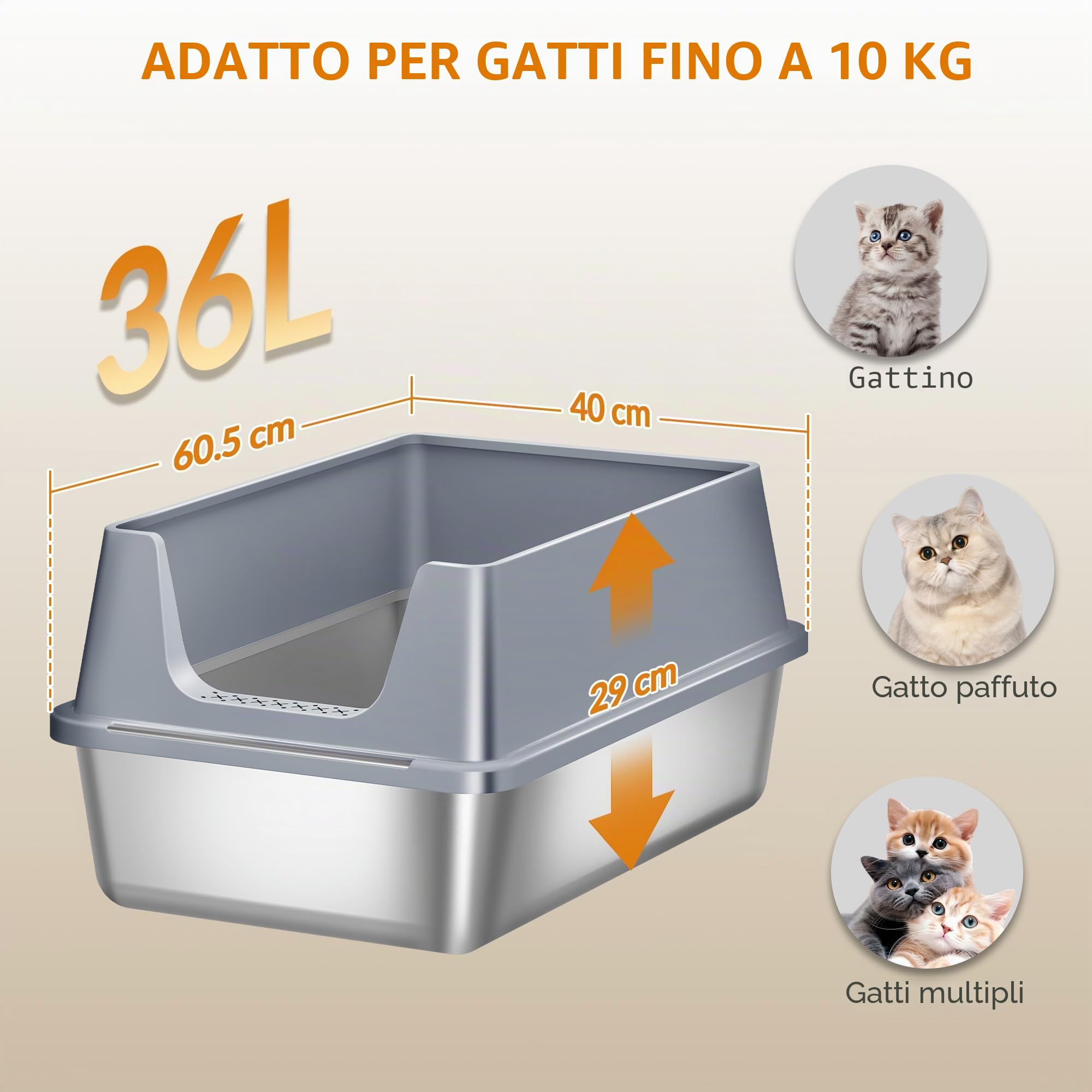Lettiera in Acciaio per Gatti XXL, 60,5x40x29 cm, Grigio Scuro | Metallo Lettiera Acciaio con Bordi Alti, Grande Capacità Lettiere per Gatti, Paletta, Facile da Pulire FPLB003SG2