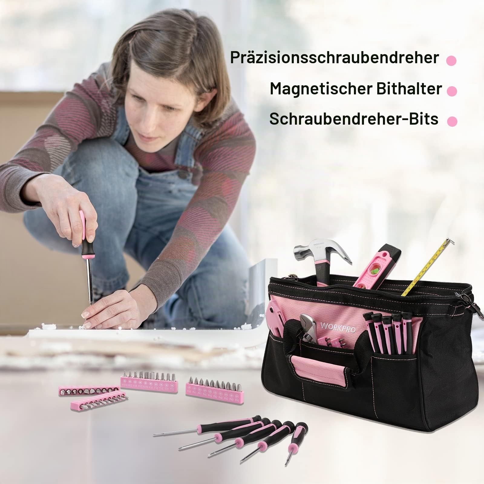 WORKPRO Pink Werkzeug Set Rosa Werkzeugkoffer 106-teilig Haushalts-Werkzeugsatz Reparatur inkl. Tasche mit weiter Öffnung 34cm Ideal Geschenk für Heimwerker