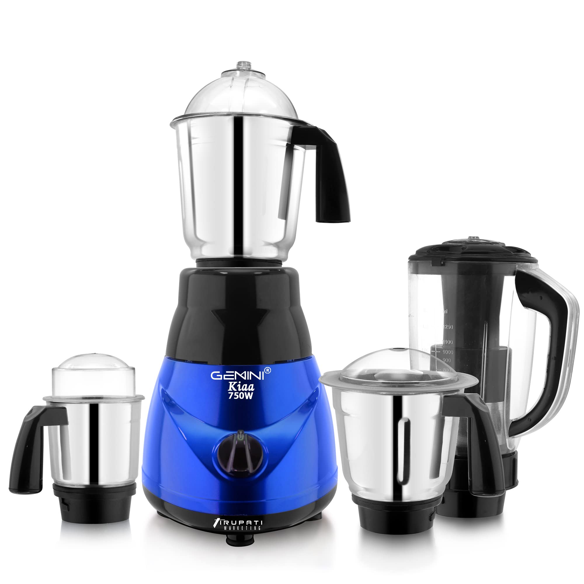 Gemini New Model Traditional KIAA 750-Watts Mixer Grinder with 3 Stainless Steel Jars and 1 ABS Juicer Jar 4R(Dry Jar, Chutney Jar, Liquid, Juicer Jar) Blue-Black