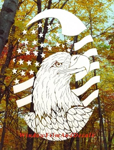 Vista 7 de Calcomanía ovalada de vinilo para ventana, grabado vertical, bandera y águila, 8 x 12 pulgadas, color blanco con elementos de diseño transparentes