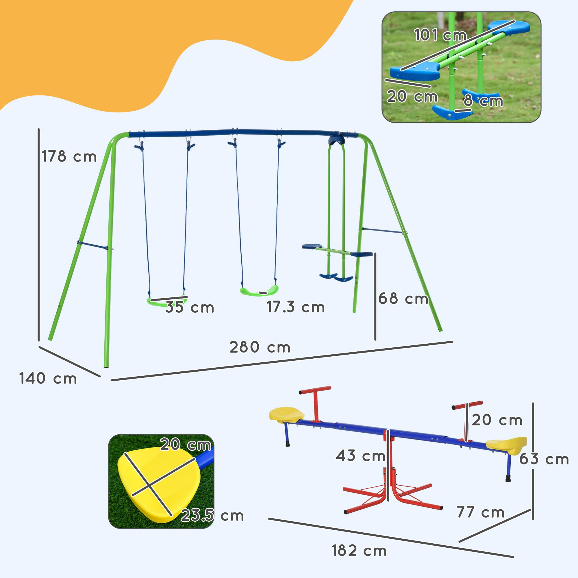 Outsunny Gioco per Bambini con Altalena a Bilico Girevole e Set Altalene da Giardino per 4 Bambini, Multicolore