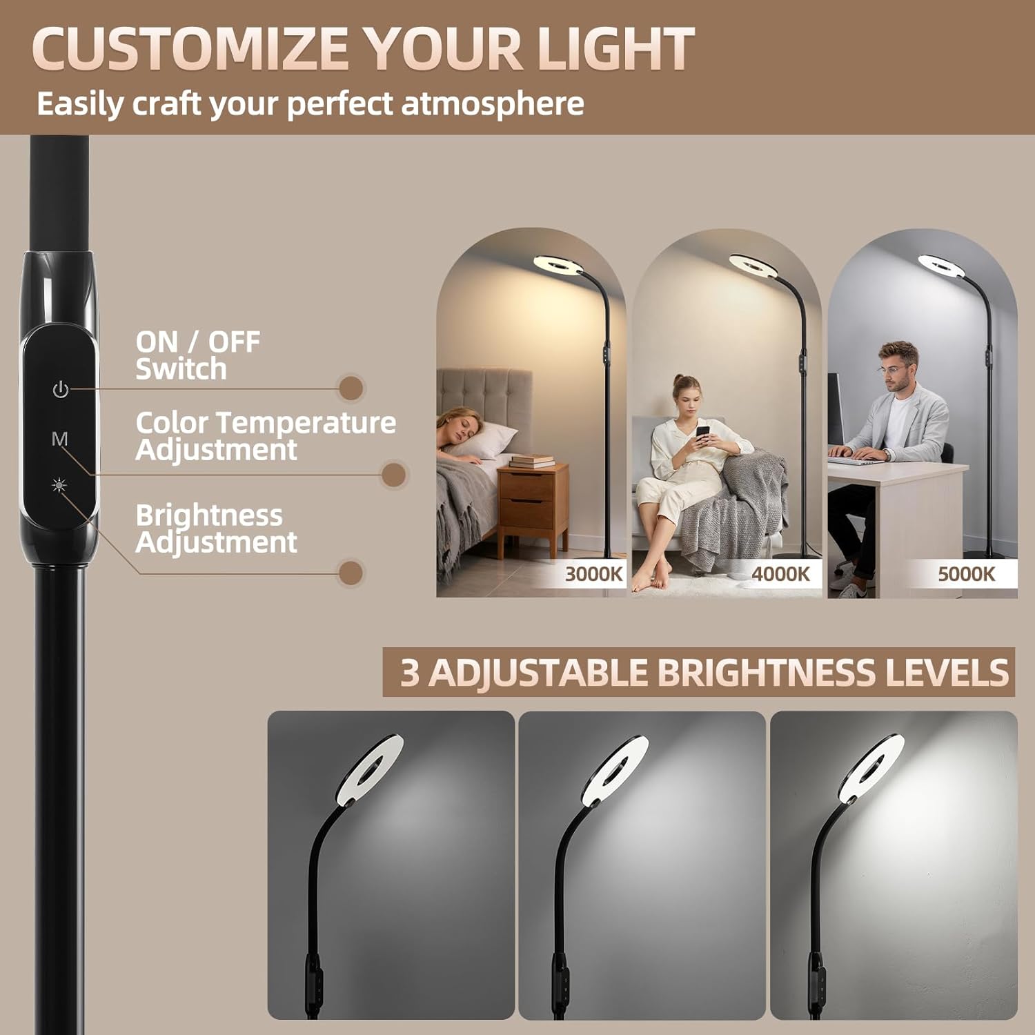 GyroVu LED Floor Lamp, 70'' Bright Reading Floor Lamps for Living Room, Dimmable & Adjustable Color Temperature, Touch Control Standing Tall Lamp with Gooseneck for Bedroom Office Craft Sewing, Black