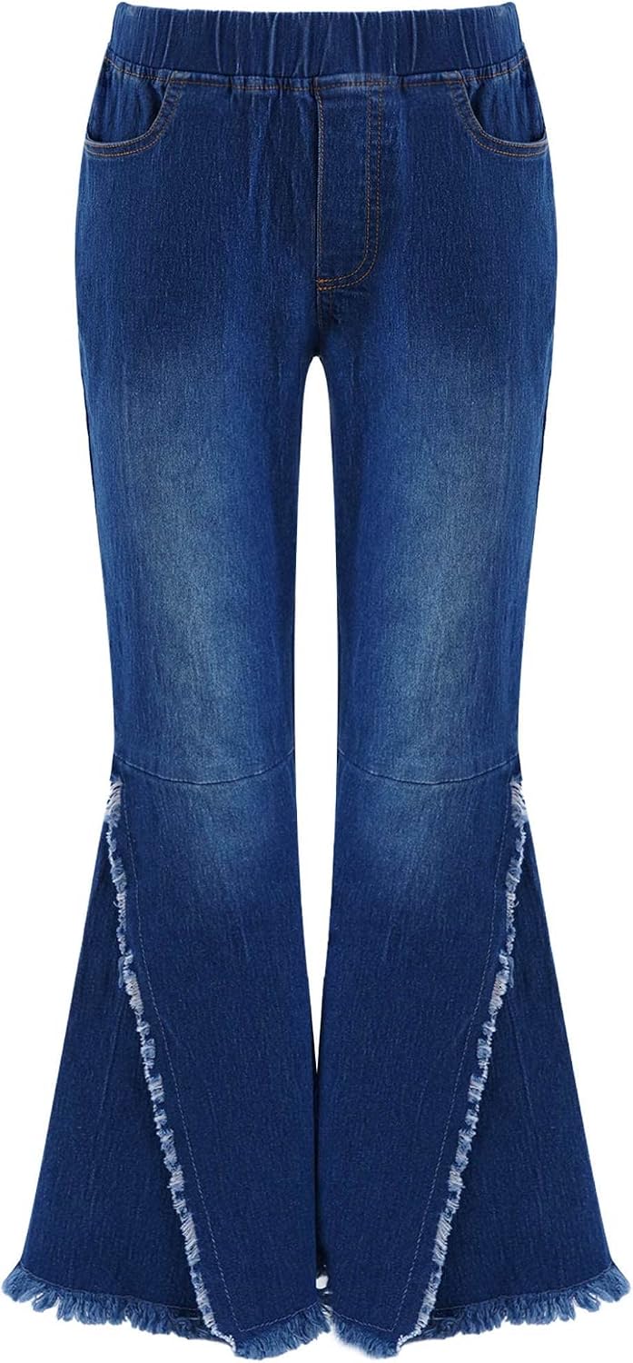 Kids Girls Casual Denim Jeans Elastic Waistband Raw Hem Denim Pants Trousers