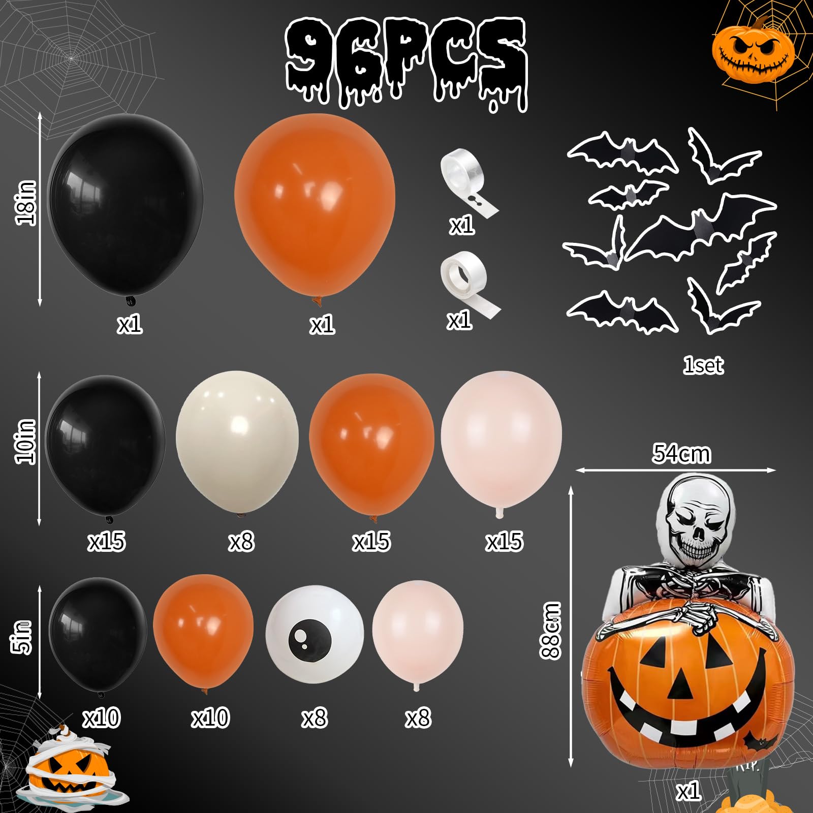 Palloncini In Lamina Di Zucca Per Halloween - Set Decorazioni Con Teschio Dorato E Adesivi Pipistrello 3D