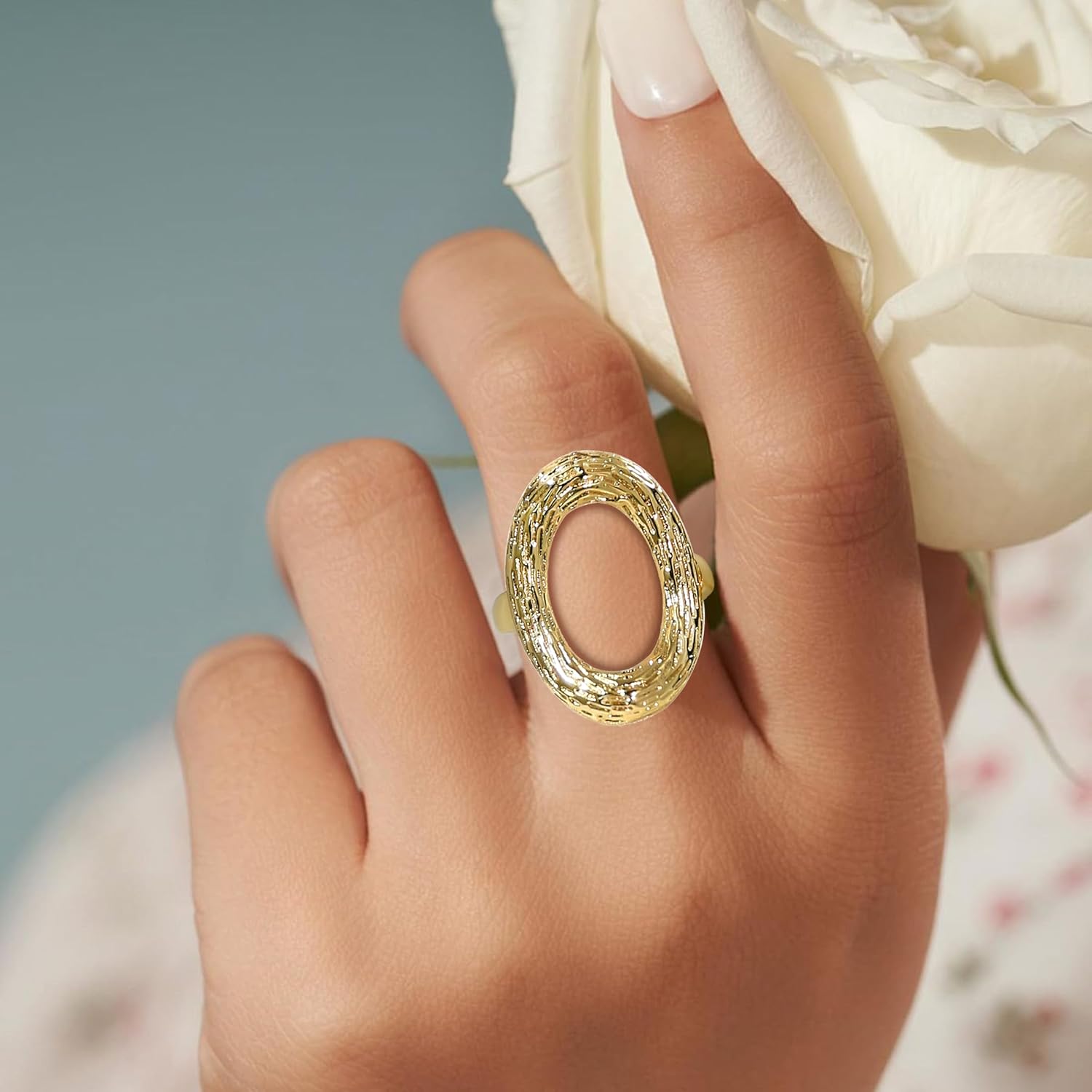 Gold Irregular Rings for Women Oval Chunky Rings Classic Hollow Oval Adjustable Round Loop Open Ring 14K Gold Plated Band Statement Jewelry - Image 4