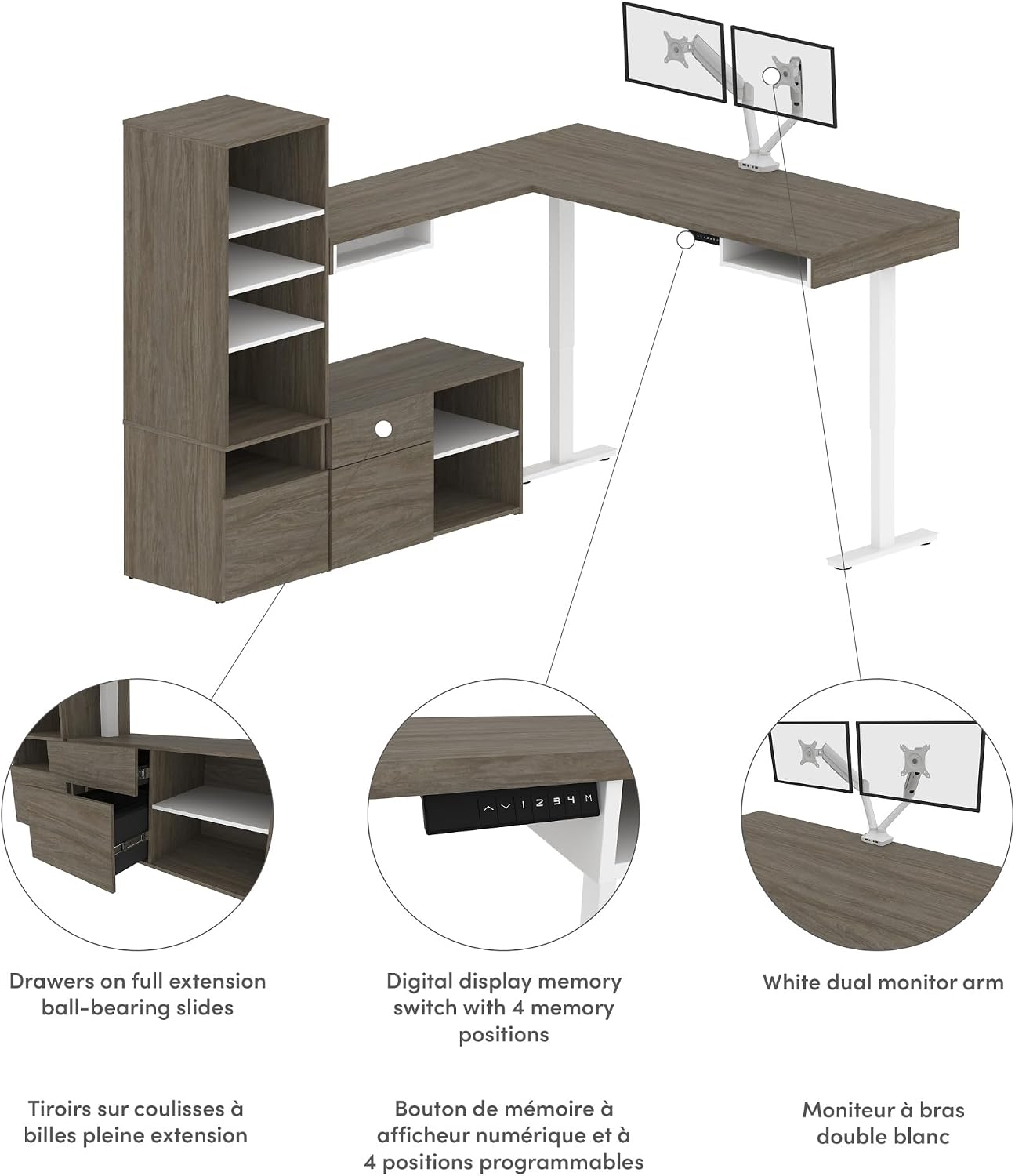Bestar Viva L-Shaped Standing Desk with Dual Monitor Arm and Storage, 72W, Walnut Grey and White, Table Workstation for Personal Home Office Workspace