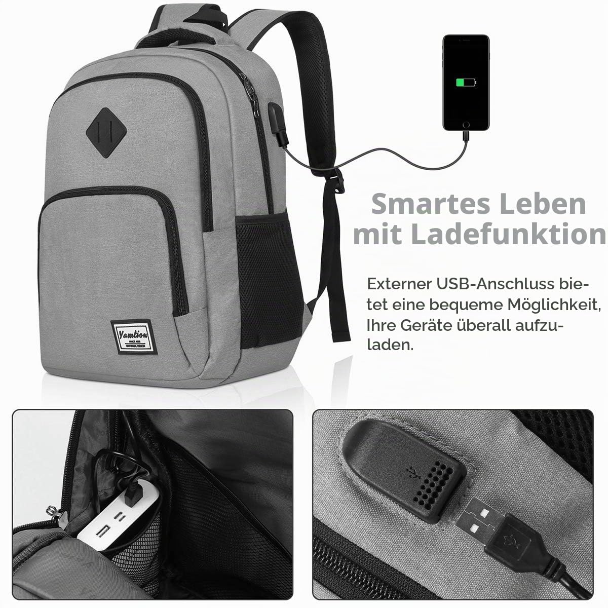 YAMTION Rucksack Herren Schulrucksack Jungen Teenager Laptop Rucksack mit USB-Ladeanschluss für Laptop 17,3 Zoll,Rucksack für Studium Schule Reise,40L
