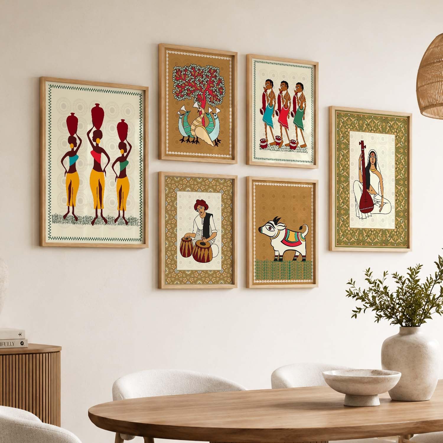 kotart Gond art Premium Digital Paintings with Frame for Home Decoration - Floral Painting for Living Room Bedroom Office Room Decor - Painting for Wall Decoration - Pack of 6 (G)