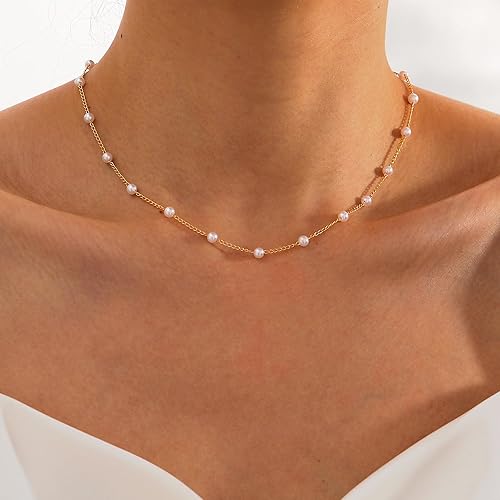 Miniatura 4 de TOBENY Pearl Necklaces for Women 14k Gold Plated Handmade White Pearl Choker Necklace Dainty Small Tiny Beaded Pearl Strand Chain Necklace Delicate