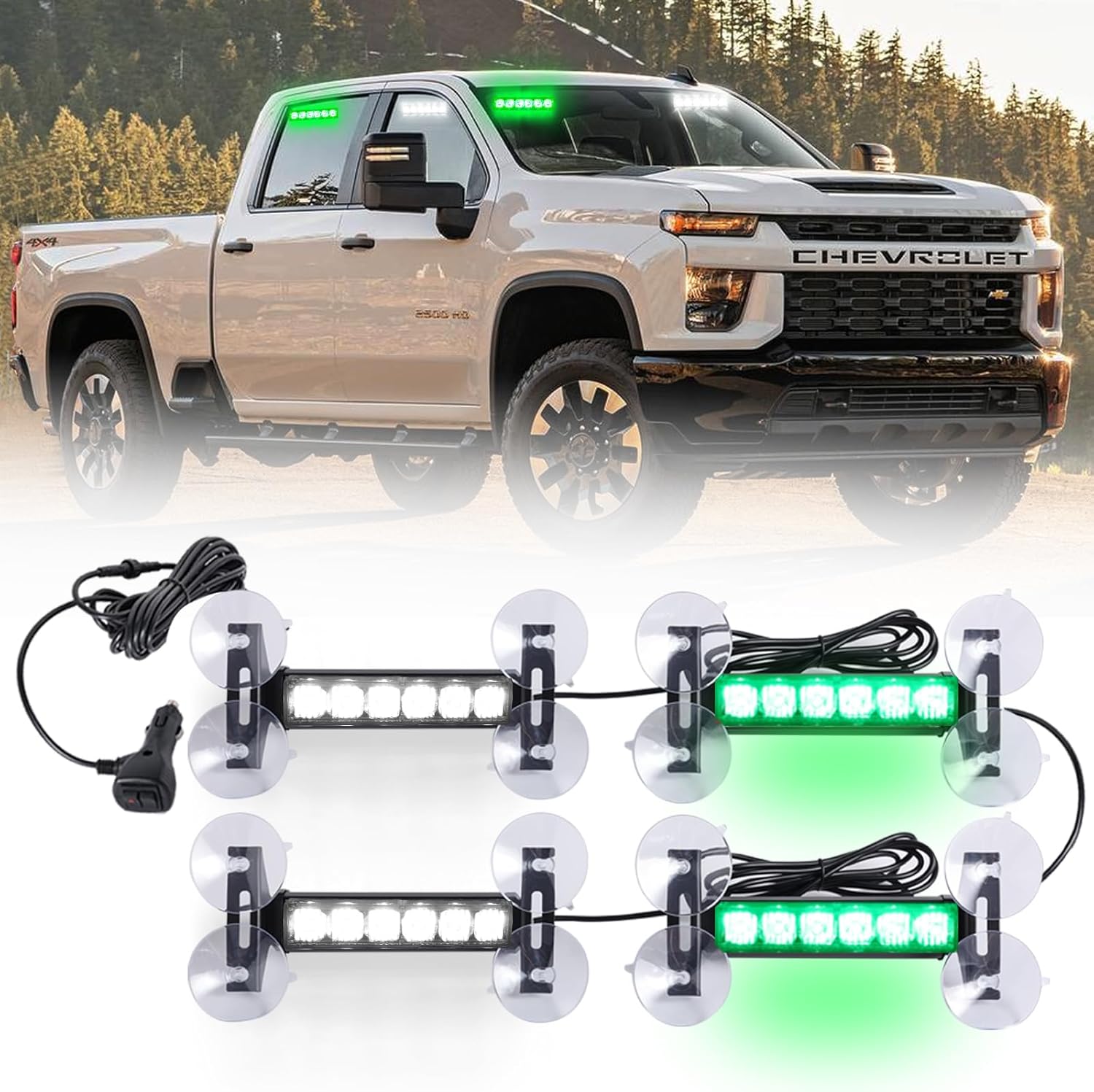 4X 6.1 inch Emergency Strobe Lights Green/White 24 LED Waterproof Hazard Warning Flashing Safety Dash Front/Rear/Side Windshield Lights for Volunteer Firefighter Vehicles POV Trucks