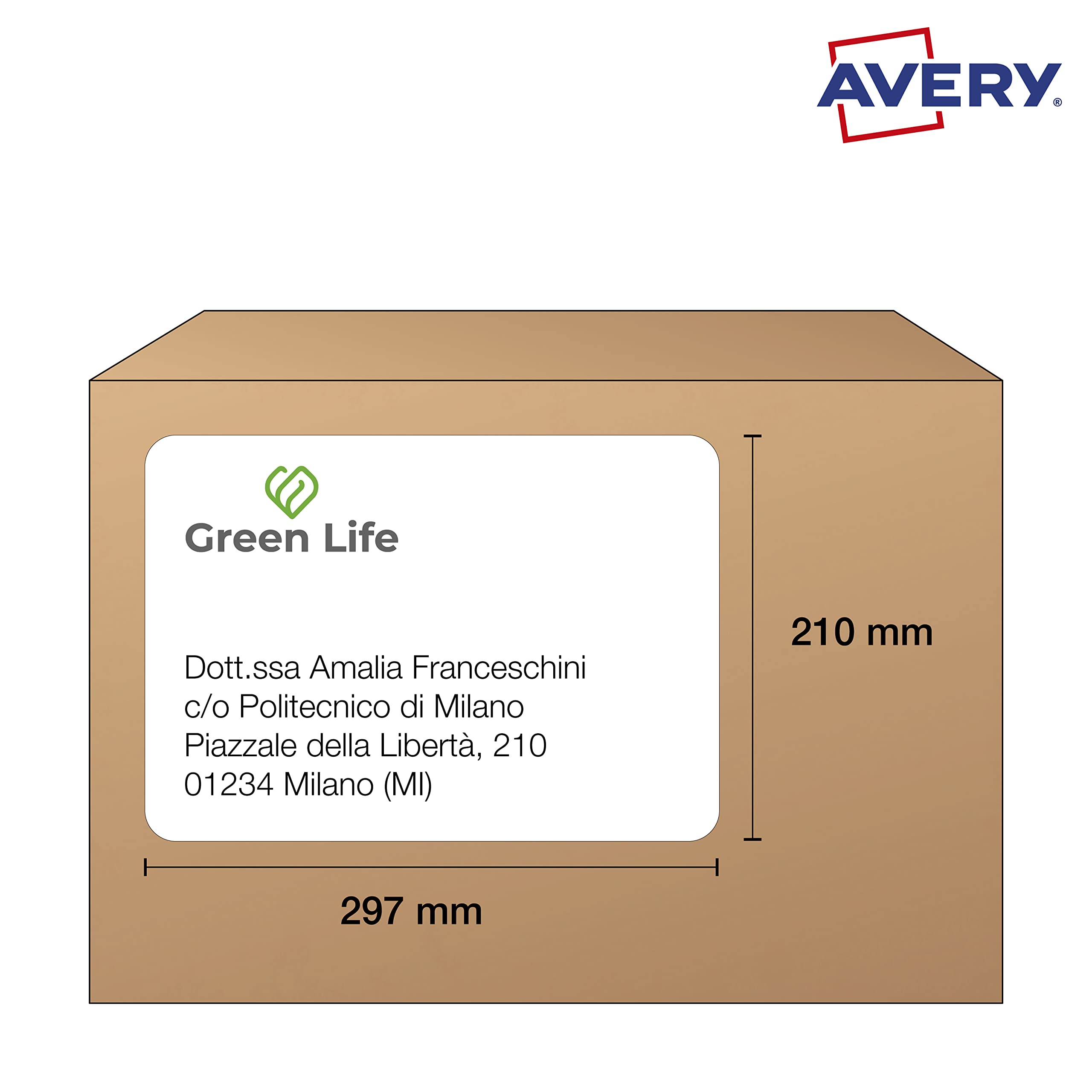 Avery Etiquetas adhesivas de papel reciclado, 500 hojas A4, formato 210 x 297 mm, 1 etiqueta por hoja, adhesivo permanente, impresoras láser e inkjet