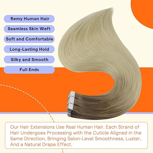 Miniatura 2 de Fshine Extensiones de cabello humano real con cinta adhesiva, color rubio raíz oscuro, 22 pulgadas, color marrón ceniza degradado a rubio,