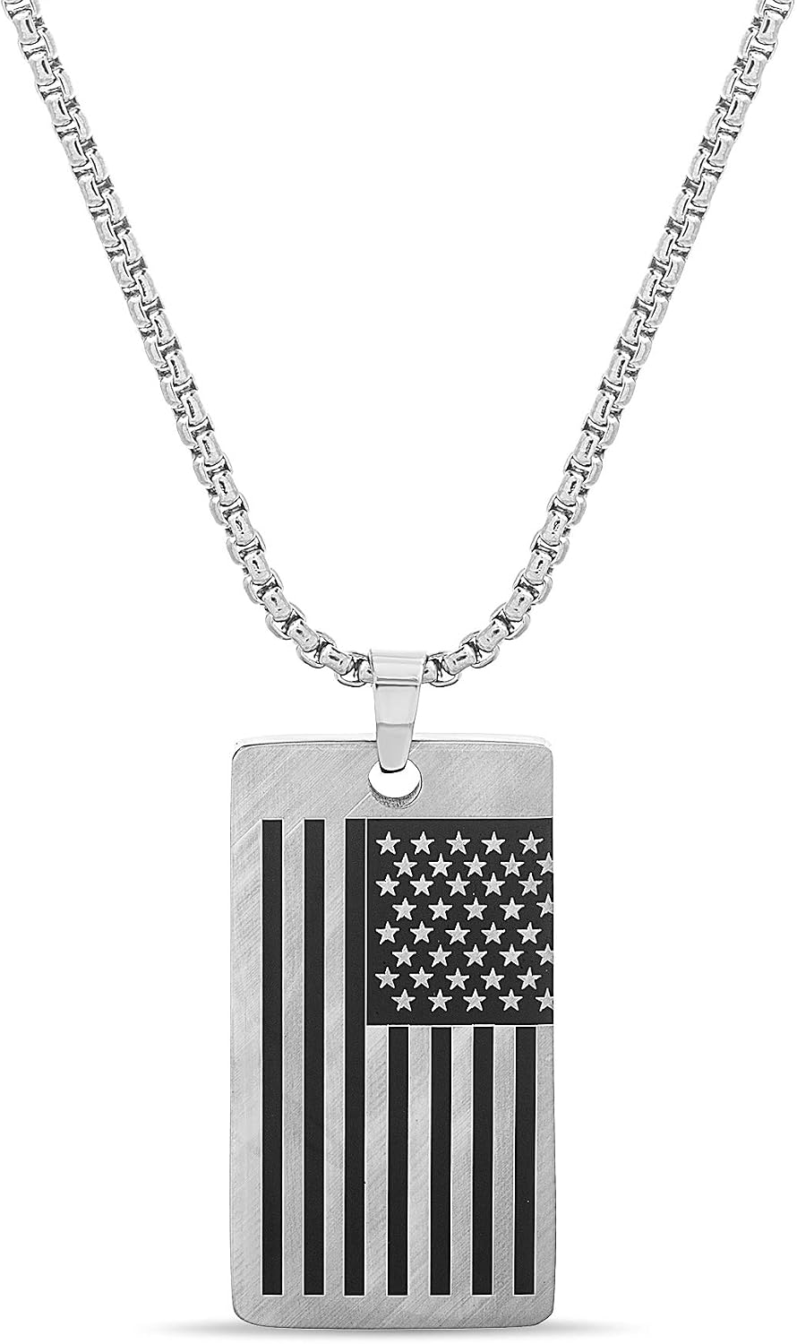 Nautica Oxidized Stainless Steel American Flag Dog Tag Necklace for Men 24 Inch Rolo Chain