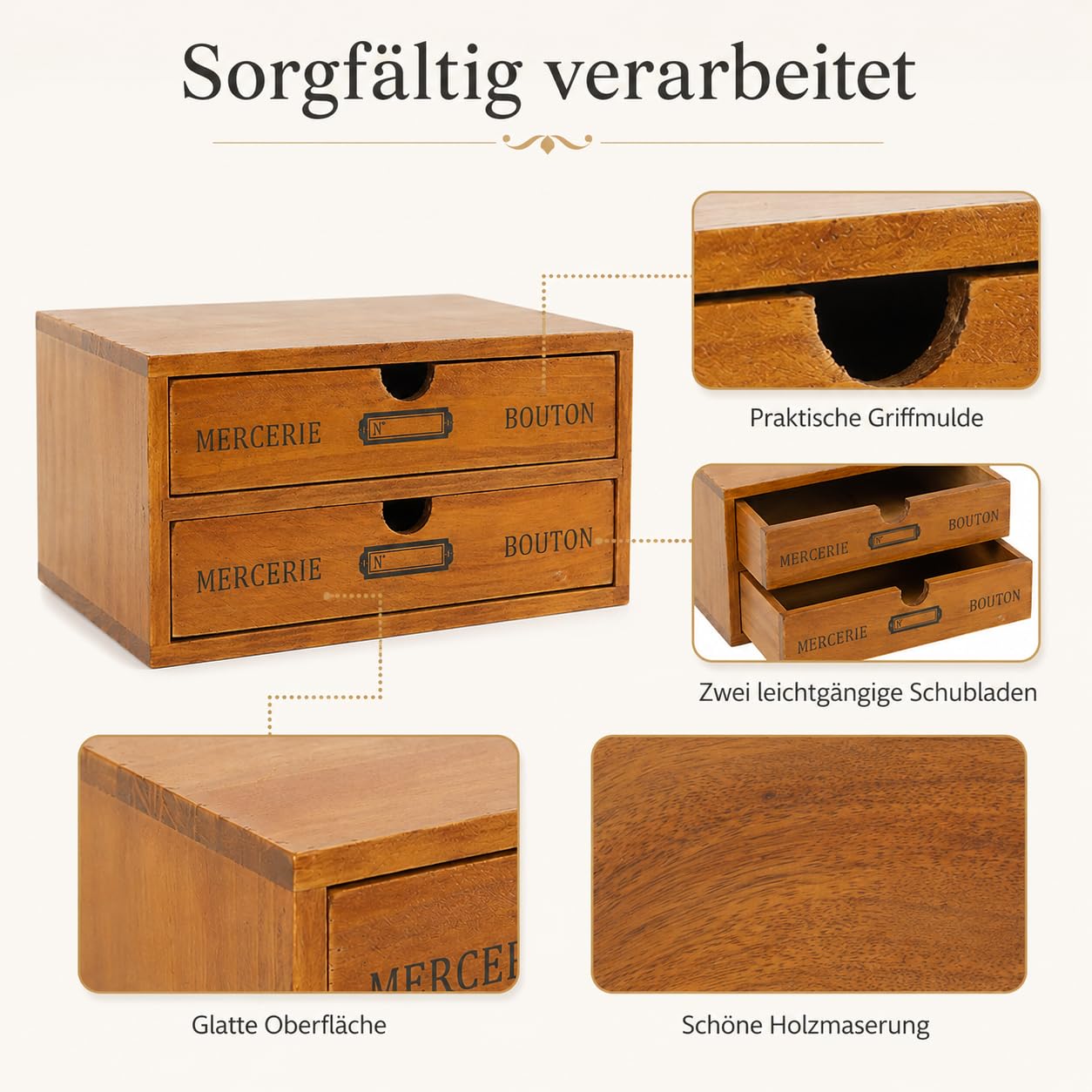 Schubladenbox Holz 24.5 x 17.5 x 12.5 cm Vintage Stil doppelschichtig stabile Aufbewahrung Schreibtisch Organizer für Büro Wohnzimmer Schlafzimmer Ordnung