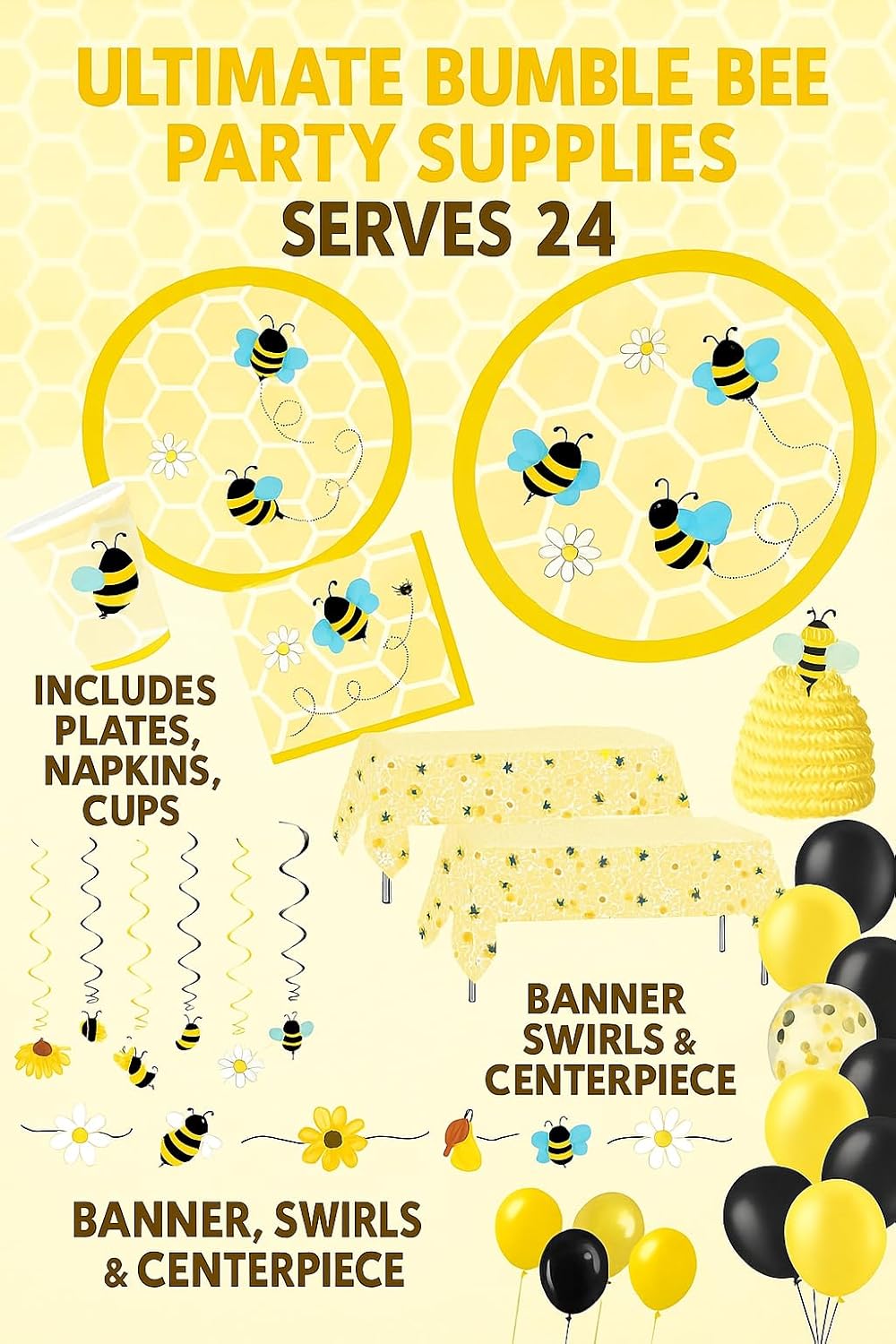 Serves 24 Ultimate Bumble Bee Party Supplies Includes Plates,Napkins,Table Covers,Balloons, Banner, Swirls, Centerpiece, Ideal for Birthday, Baby Shower, Bee Theme Party Decor