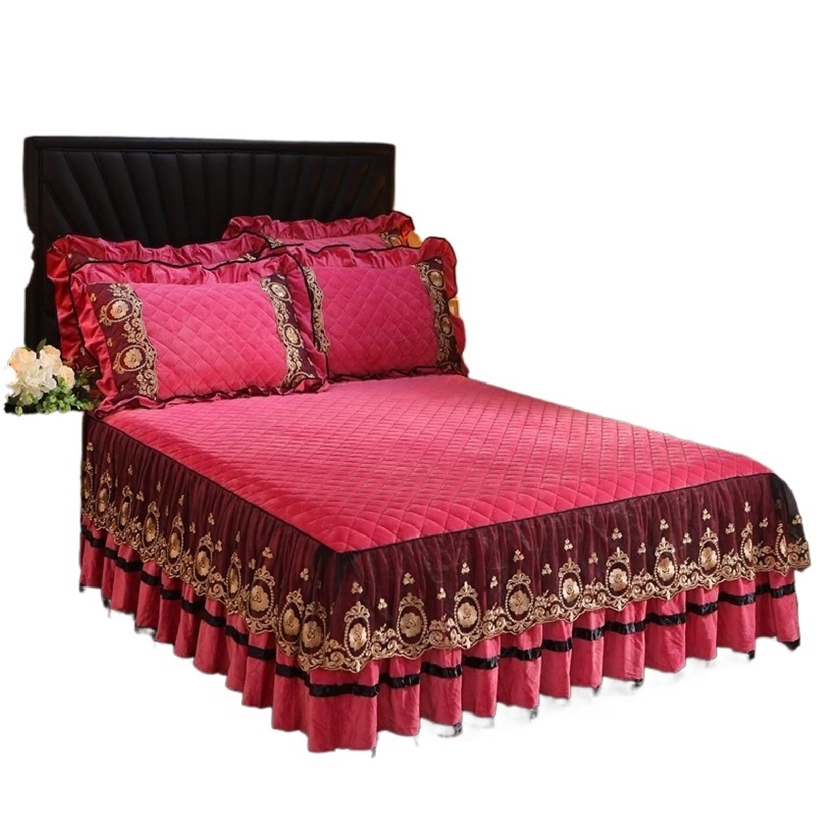 Lace Bed Skirt Bedspreads Bedding Thicken Velvet Plush Quilted Embossing Spread For Home(Color-03,2 Pillowcase 48x74cm)