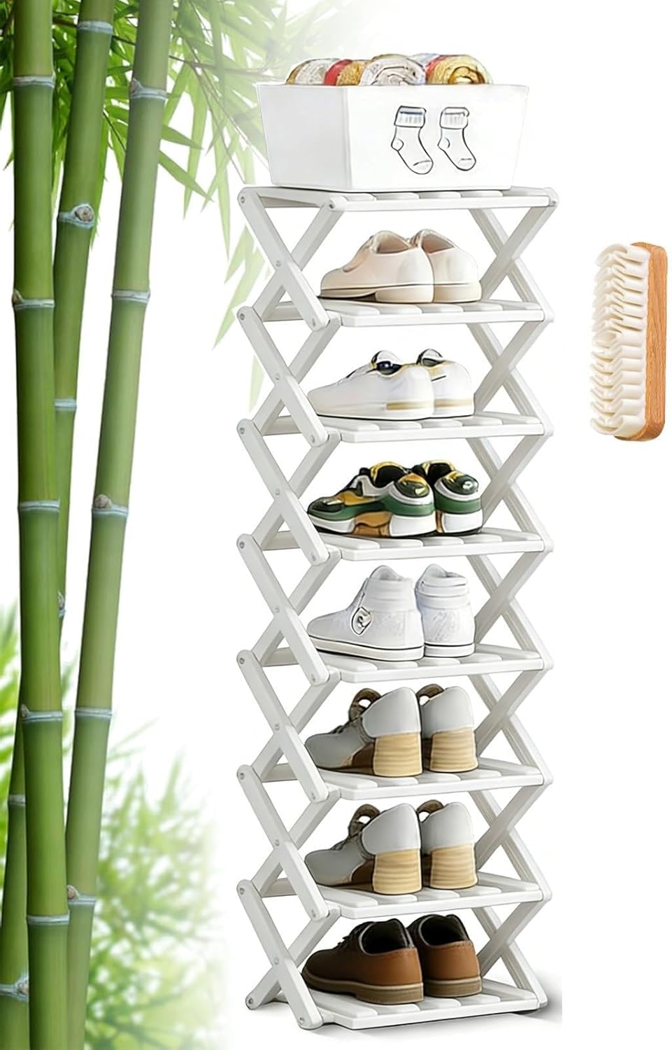 Bamboo Shoe Rack - No Assembly Required, 2026 New Foldable Wooden 9 Tier Bamboo Corner Shoe Organizer, Vertical Free Storage Shelf for Closet, Entryways (White, 9 Tier)