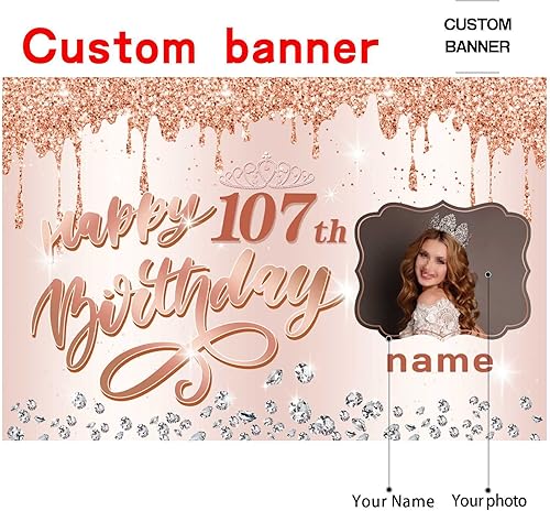 Miniatura 2 de Cartel personalizable de decoración de feliz cumpleaños número 107 de oro rosa, personalizado con nombre y foto