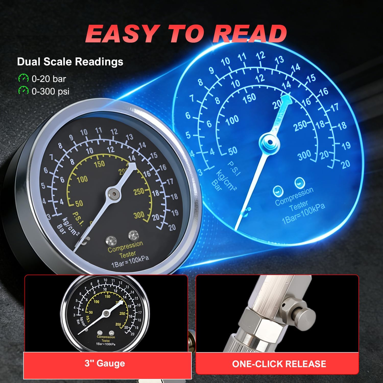 GOOACC Engine Compression Tester with Spark Plug Tester, 300PSI Triple Scale Cylinder Pressure Gauge, 11PCS Automotive Diagnostic Tool Kit for Car Motorcycle ATV Truck