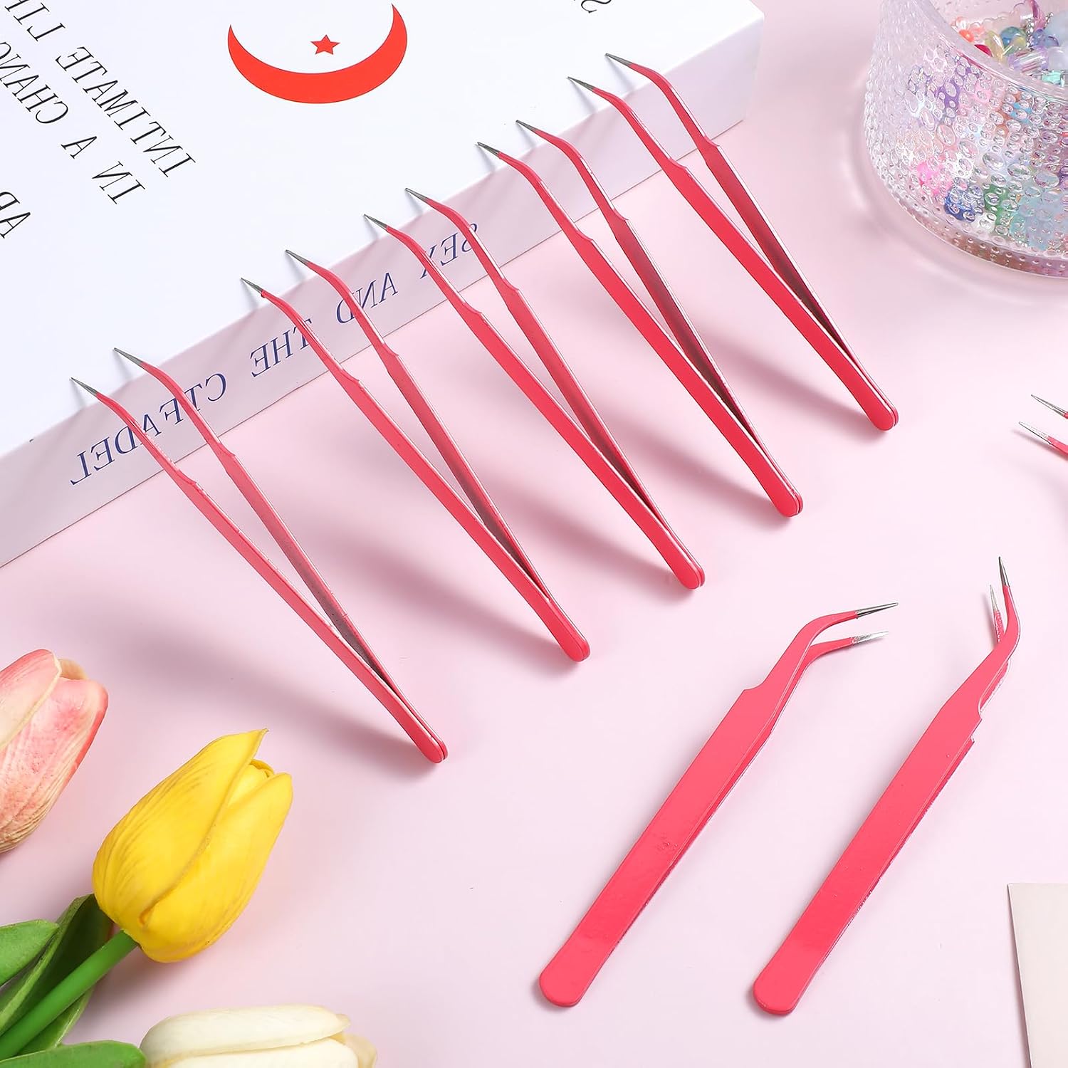 10 Pieces Tweezers for Crafting, Stainless Steel Curved Bedazzling Tweezers Precision Sticker Tweezer with Protective Cover for Jewelry Stickers Eyelash Extensions Rhinestones Crafts (Rose Red)