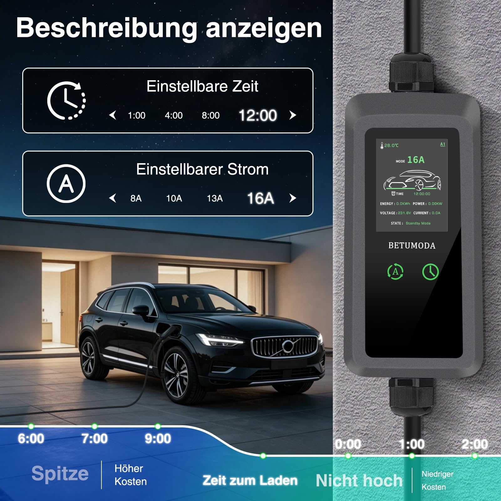 Mobile Wallbox 11kW mit Stromzähler 7m, 3-phasig, 8-16A, CEE 16A auf Typ 2 Ladekabel mit Einstellbarer Ladeleistung, für Allen EVs(IEC 62196-2) & PHEVS