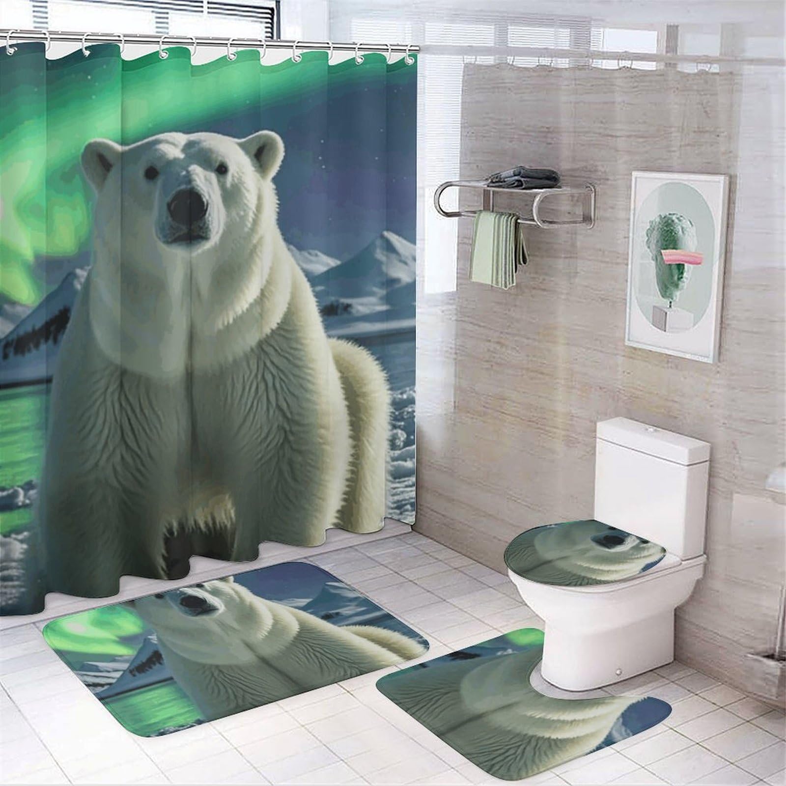 Décoration salle de bain ours polaire avec tapis doux et rideau étanche pour l'hiver