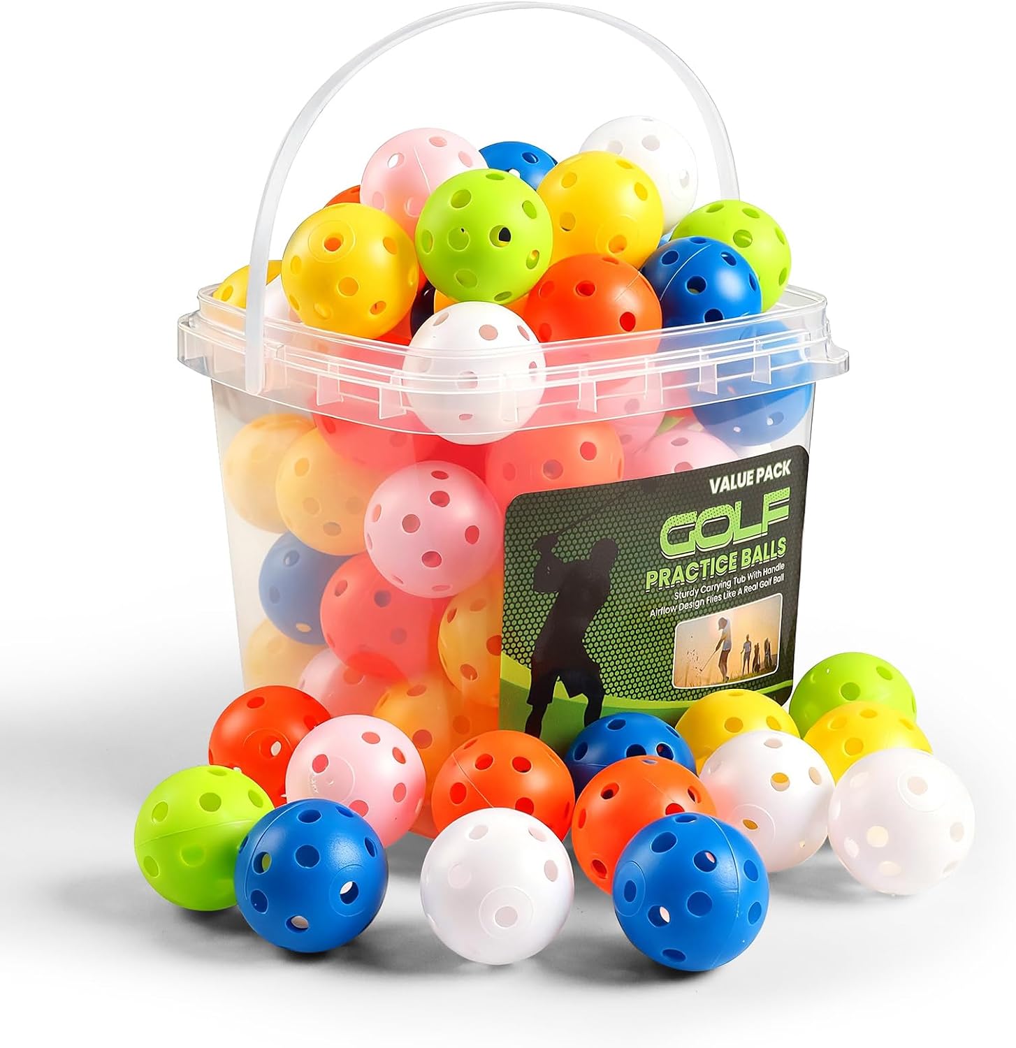 Amy Sport Golf Practice Balls Plastic Value 50 Pack and Golf Ball Bucket with Handle, Limited Flight Sports Training Ball, Indoor Outdoor Backyard Garden Driving Range Use