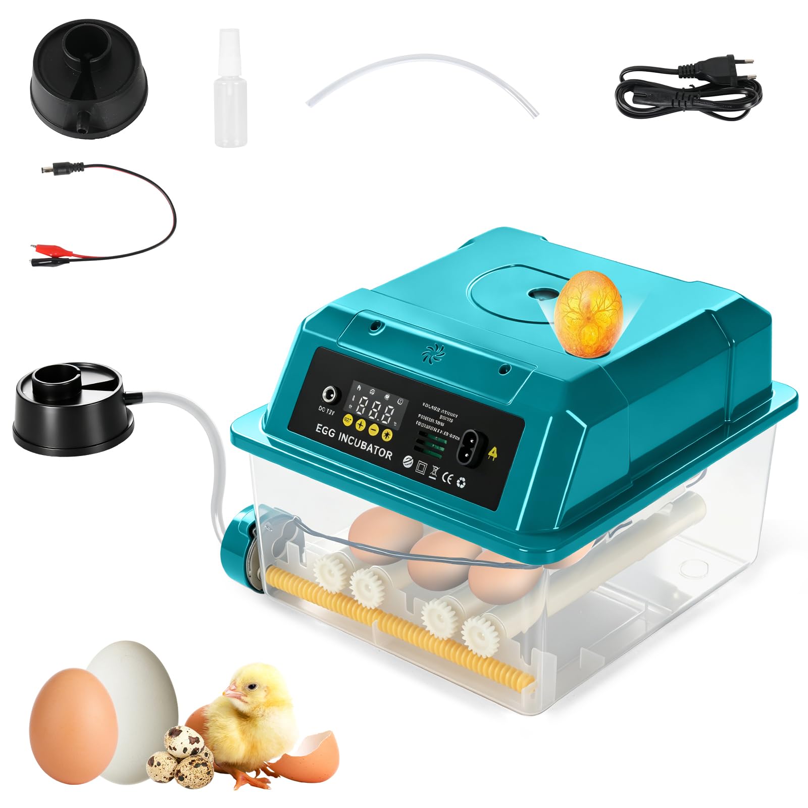 Incubatrice Automatica per 9 Uova, Macchina per Incubazione con Rotazione Automatica delle Uova, Controllo Umidità e Temperatura, 5 Modalità di Incubazione e Registrazione della Durata