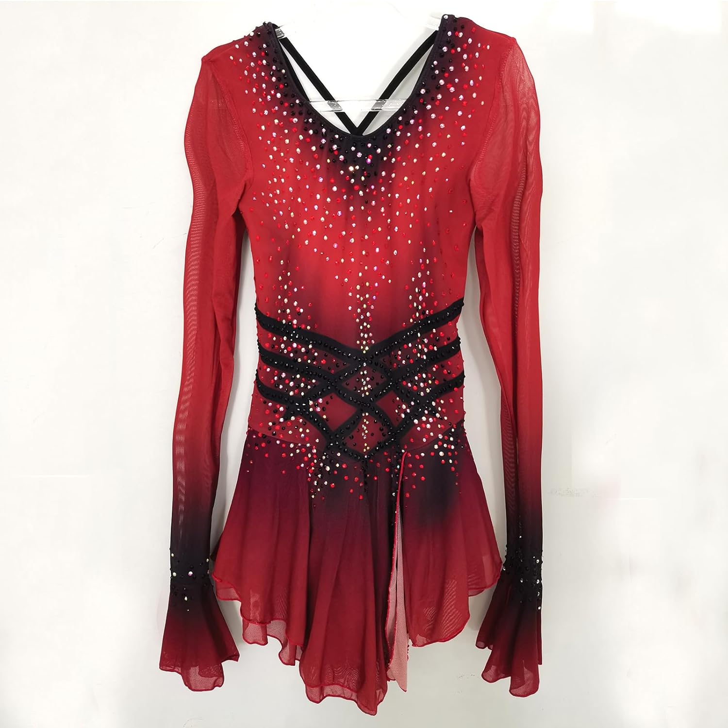 Girl's Red Long Sleeved Ice Figure Skating Dress with Sparkling Rhinestones Decoration Elegant Figure Skating Skirt