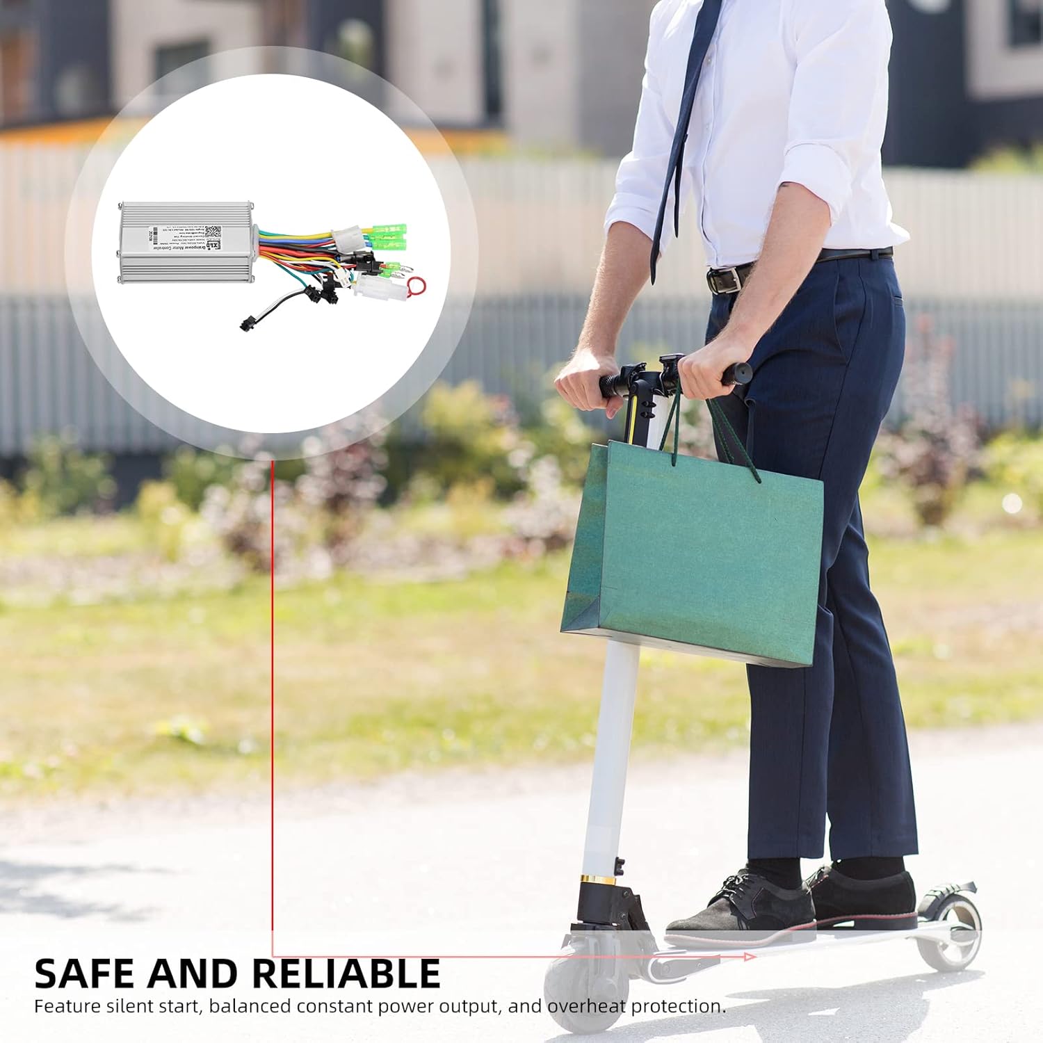 Person riding an electric scooter, highlighting the controller's safe and reliable operation