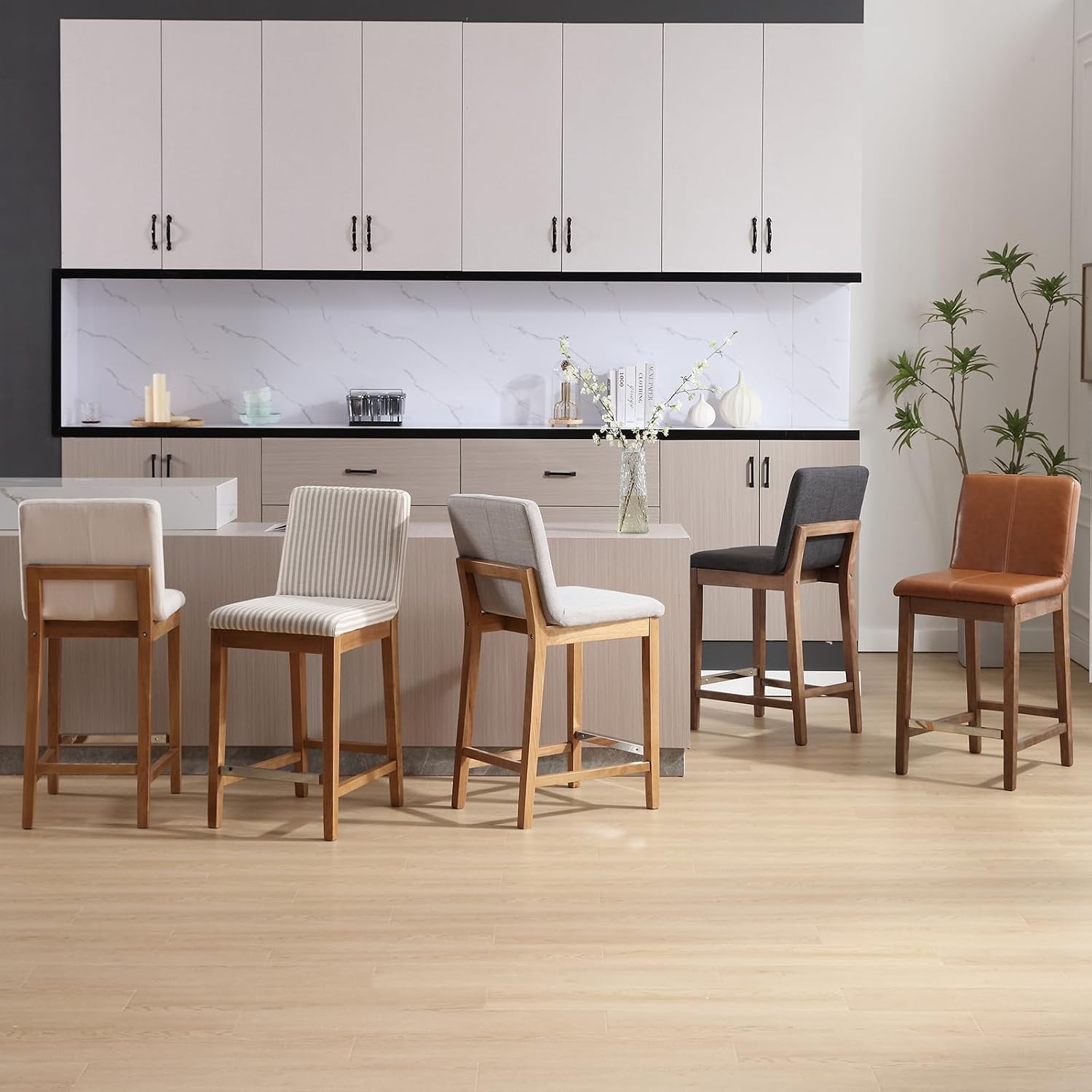 Wood Counter Stools Set of 2, Mid-Century Modern 26" Counter Height Stool with Back & Footrest Comfy Linen Fabric Barstools Upholstered Stool for Dining Room/Kitchen Island/Pub, Charcoal