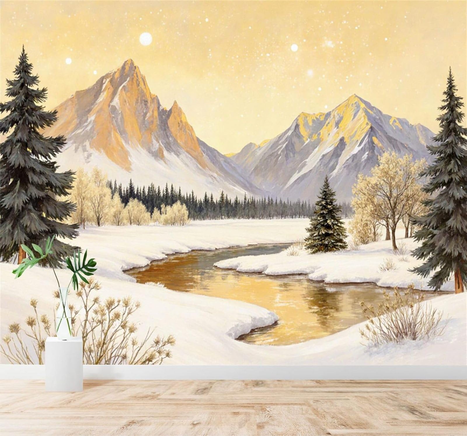 XLMING Winter Mountain Scenery Snow Covered River Pine Trees Golden Sunset Sky 3D Wallpaper Silky Texture Home Study Office Grey Dining Room Sofa Bedroom Living Room TV Backdrop-400cm×280cm