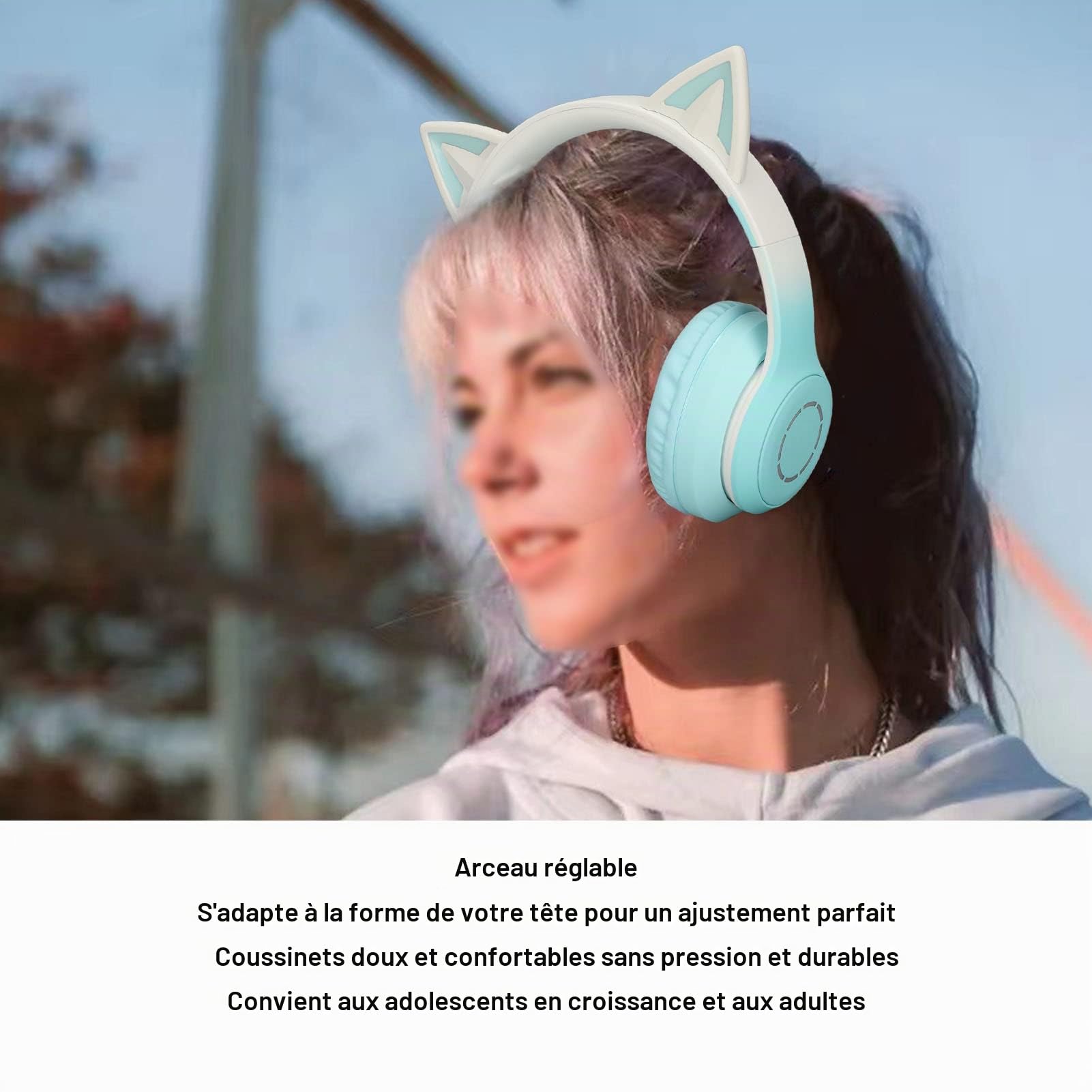 Casque de Jeu Bluetooth Cat Ear Casque Pliable sans Fil avec Lumière LED (Vert)