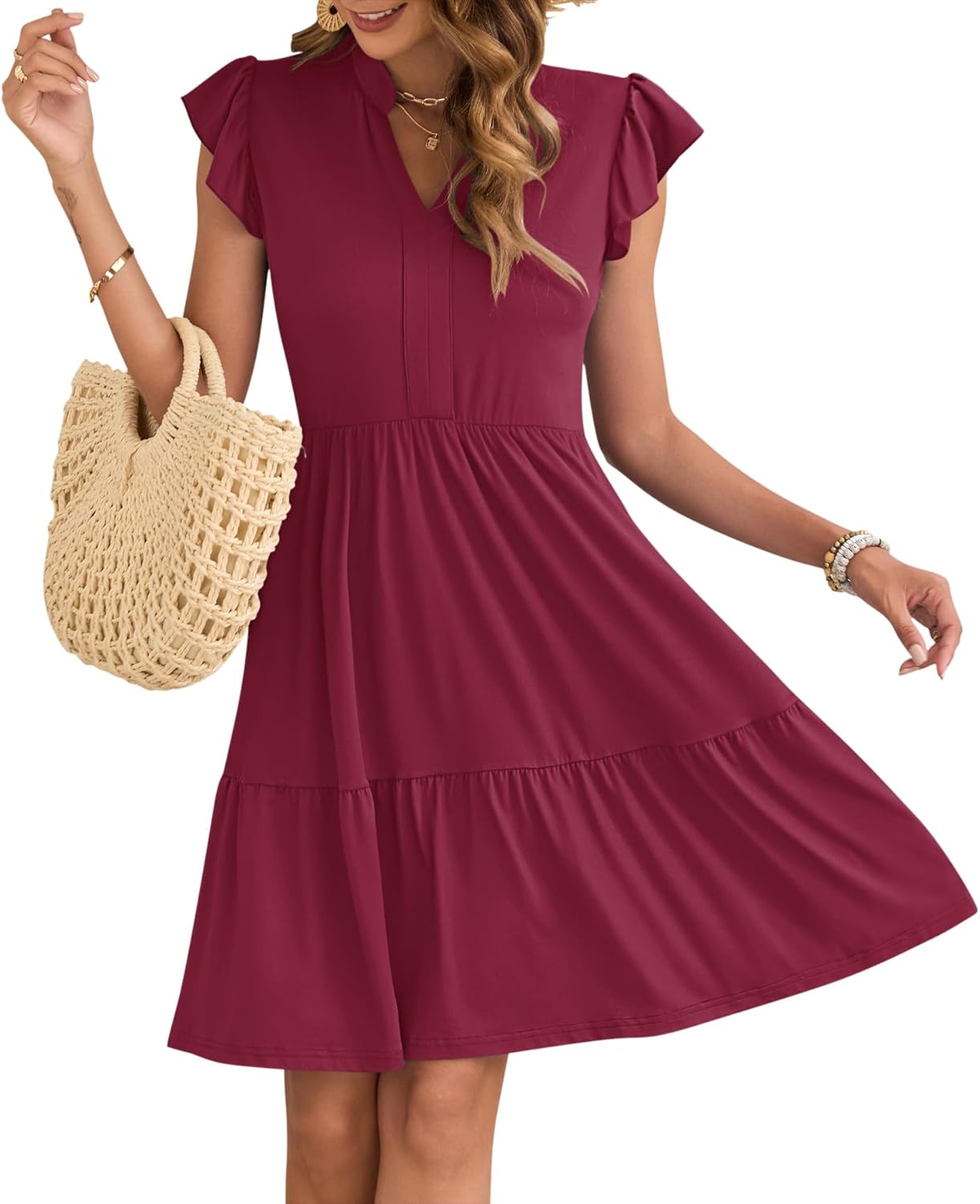 AUSELILY Women's Summer Dresses V Neck Empire Waist Ruffled Sleeve Mini Sundress with Pockets 2026 New