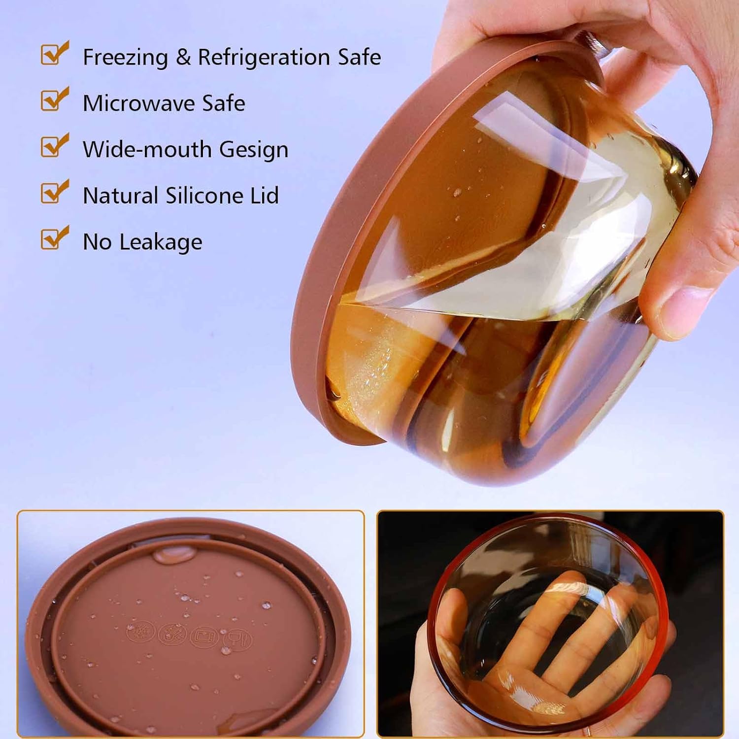2-Piece 14 Oz Amber Borosilicate Glass Bowls with Silicone Lids, 4mm Thickened Design, 100% Leakproof, Microwave & Freezer Safe, Ideal for Meal Prep, Desserts, Snacks & Outdoor Use