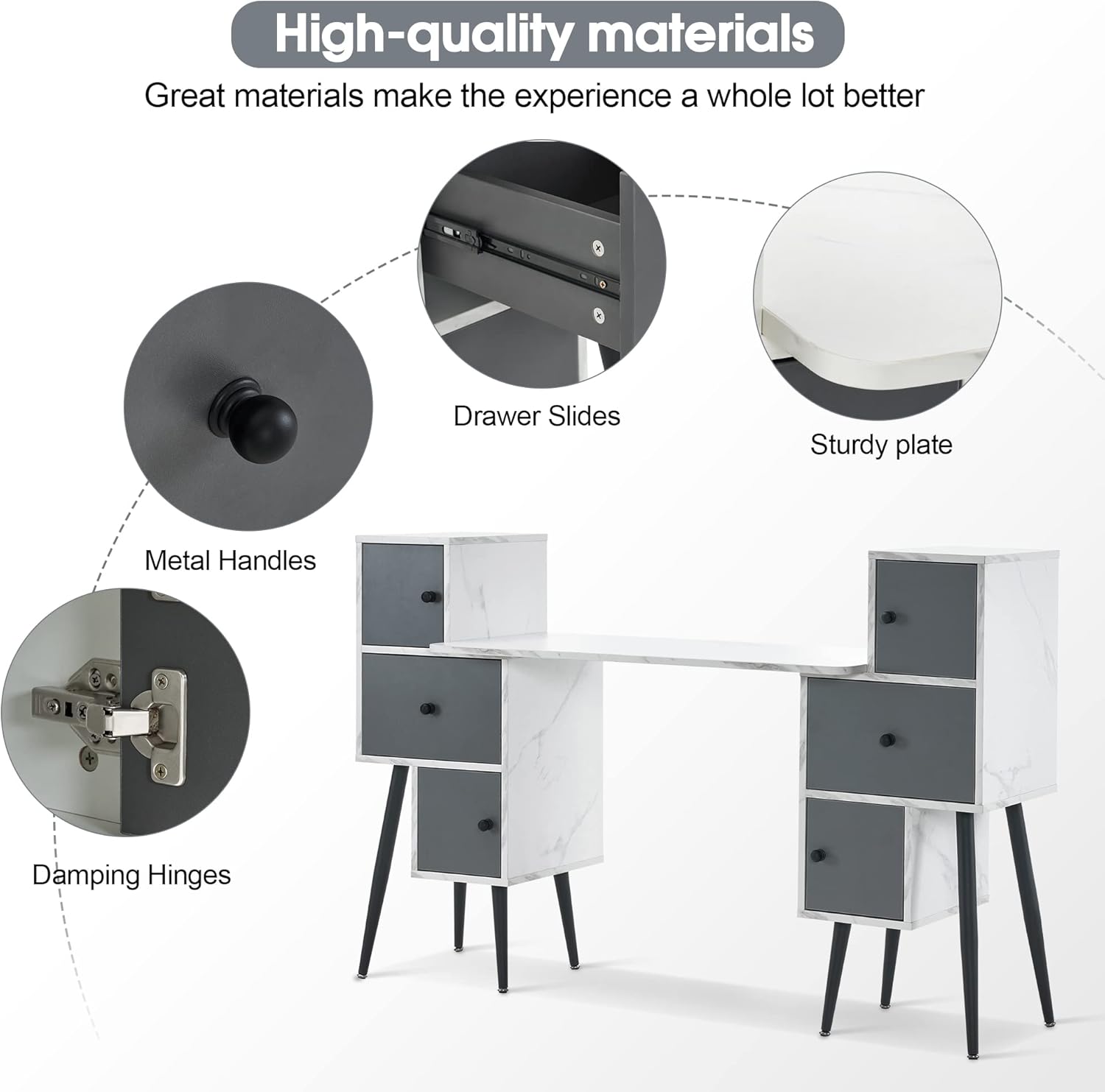 BarberPub Manicure Table Nail Desk with Drawers Beauty Makeup Storage Salon Station with Cabinets and Storage 2677 (White& Grey)