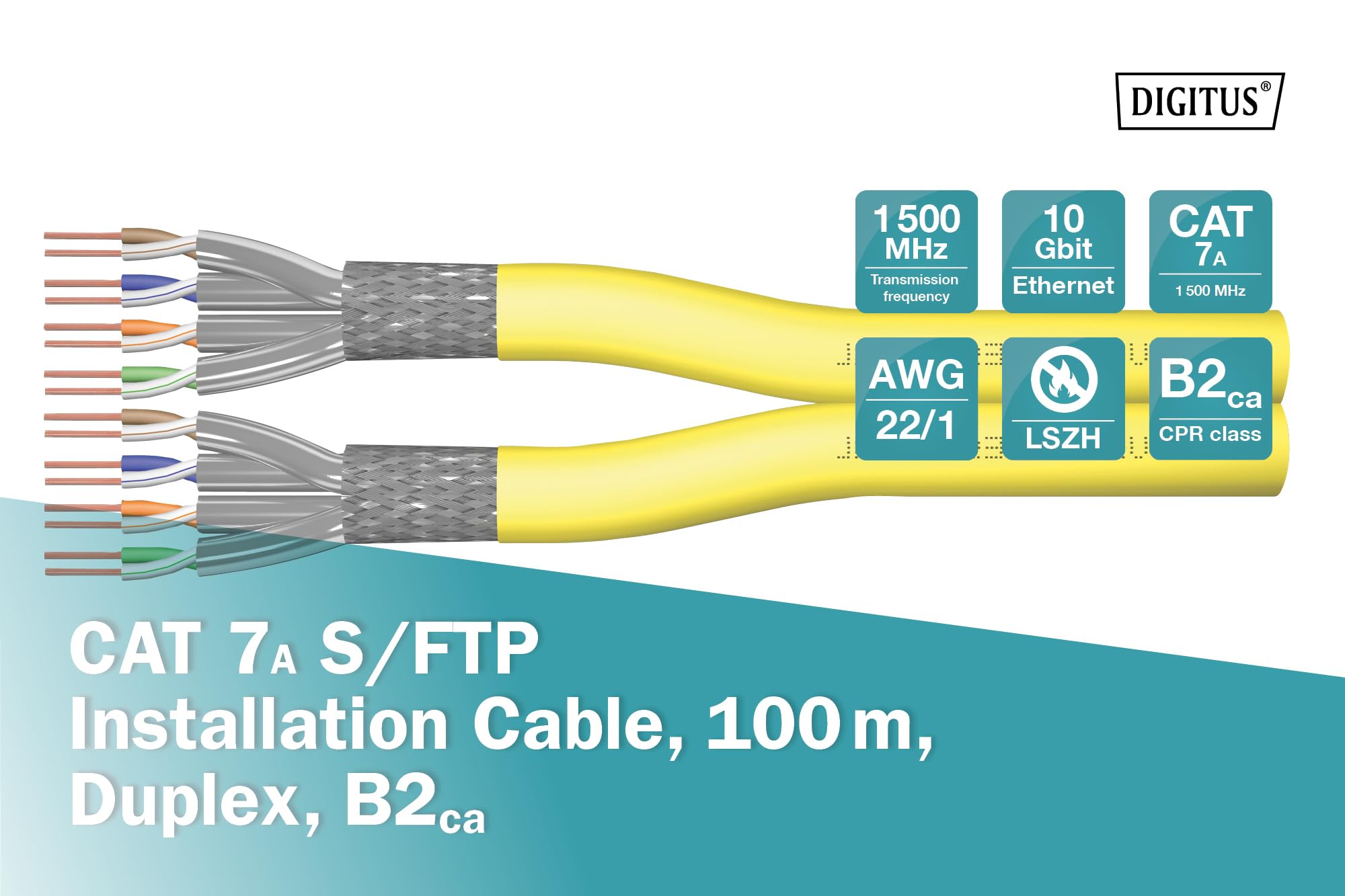 DIGITUS 500 m câble réseau Cat 7A - S-FTP (PiMF) Duplex - BauPVO B2ca - LSZH sans halogène - 1500 MHz cuivre AWG 22/1 - Compatible PoE++ - Câble LAN Câble de pose Câble Ethernet - Jaune