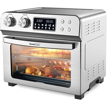 Amazon.com: Horno tostador para freidora de aire, Geek Chef de 24.5 cuartos  de galón LCD con asador y deshidratador, sin aceite, incluye 6 accesorios  de cocina y libro de recetas electrónicas :