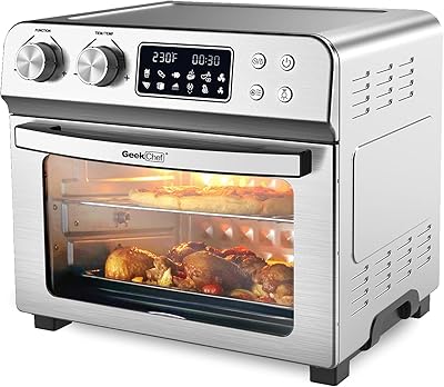 Air Fryer Toaster Oven, Geek Chef 24.5 Quart LCD Countertop Convection Airfryer with Rotisserie and Dehydrator, Oil-Free, Include 6 Cooking Accessories and E-Recipe Book
