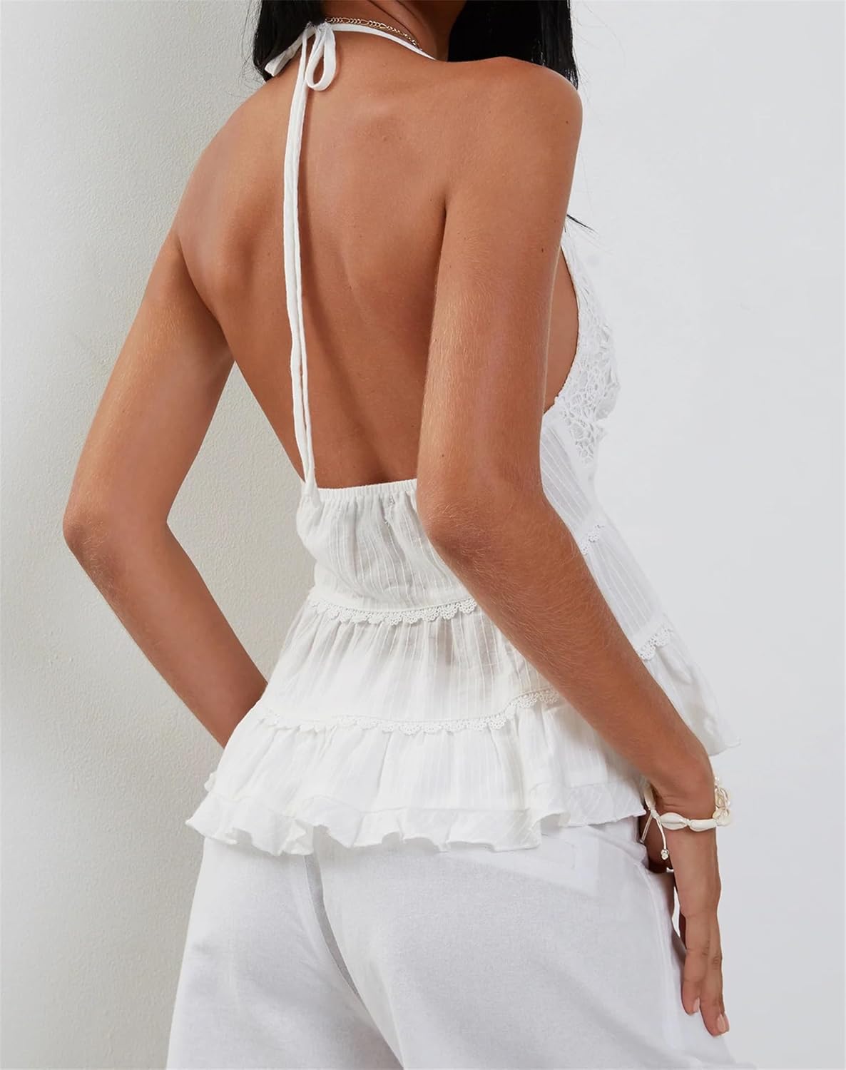 Women Crop Halter Cami Top Solid Color Backless Halter Tops Summer Y2k V Neck Slim Fit Sleeveless Cropped Shirt - Image 6