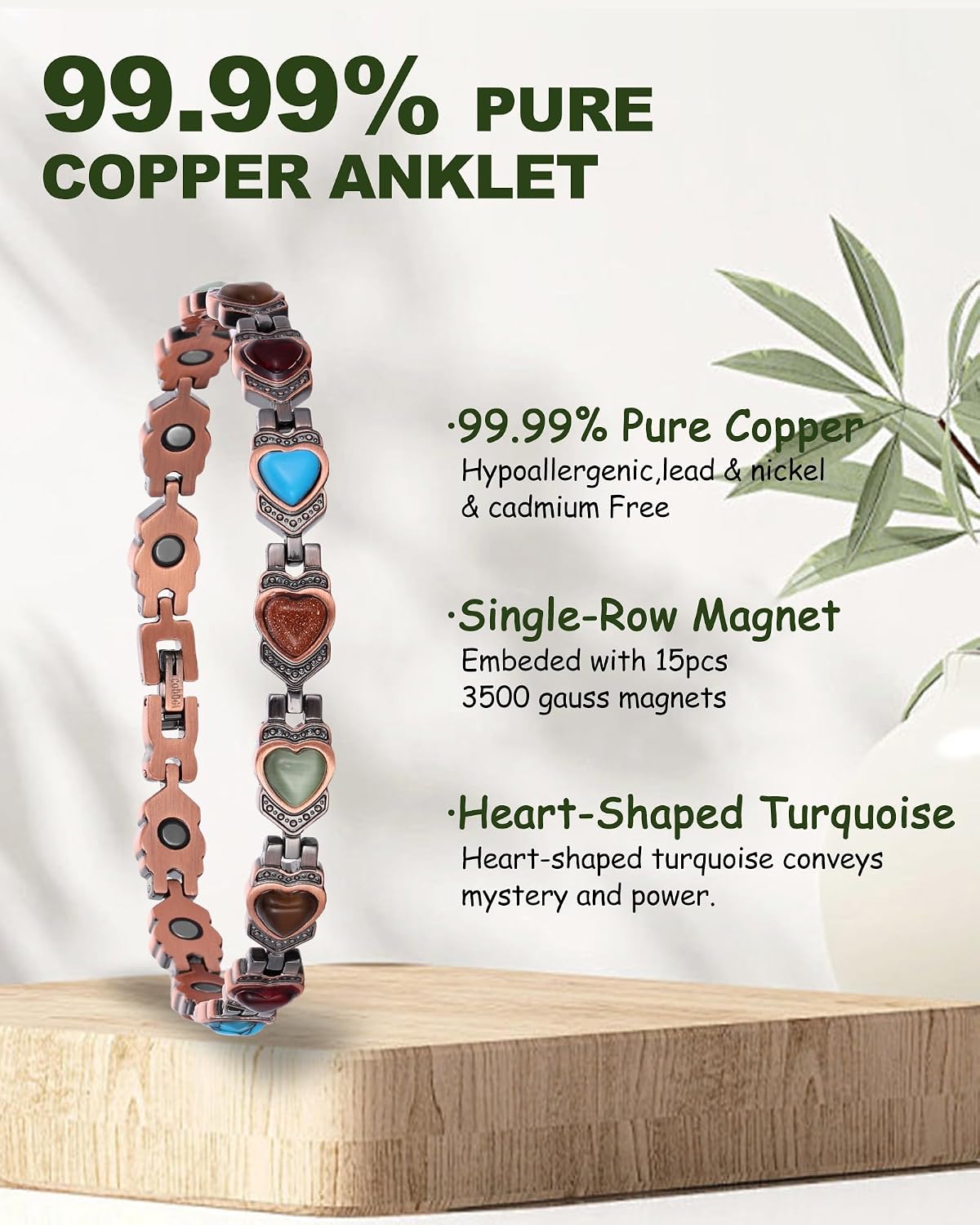 MagEnergy Copper Ankle Bracelet for Women & Lymphatic Drainage Ring, Turquoise 99.99% Pure Copper Magnetic Bracelet with 3500 Gauss Magnets, Adjustable