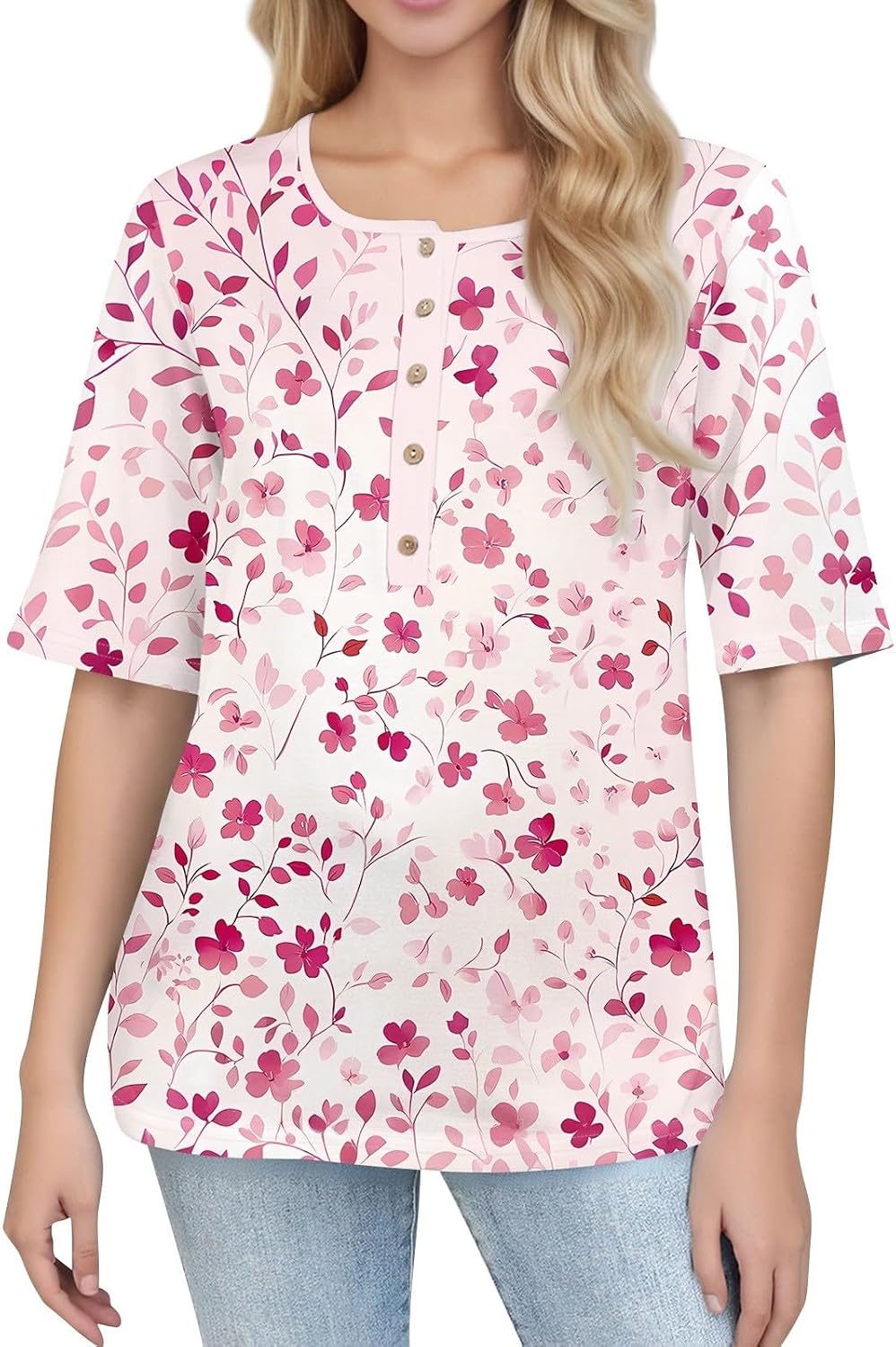 Elbow Sleeve Tops Women Trendy 2025 Summer Ruond Neck Button Blouse Casual Half Sleeve Tops Womens Basic Tee Shirts